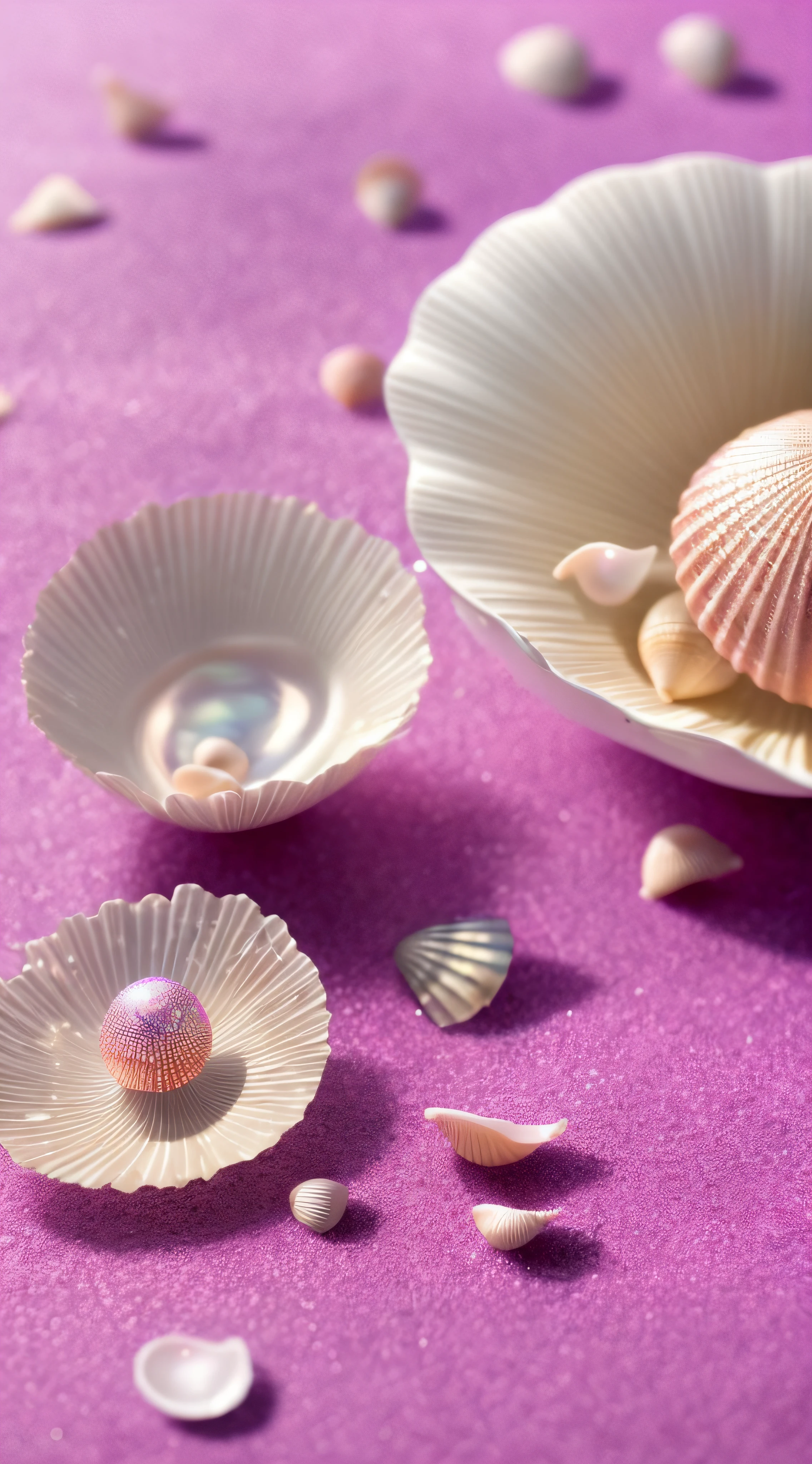 (8k, RAW photo, best quality, masterpiece: 1.2), (realistic, realistic: 1.37) There are many pink shells on the beach, there is water, pearl, pearl and shell, soft spill, pearlization, pink jellyfish everywhere, soft 3D rendering, ethereal bubbles, bubble landscape, Iray shader, soft pink, pink reflection, pearl sky, shells, paradise pink, pastel colors, pink pastels