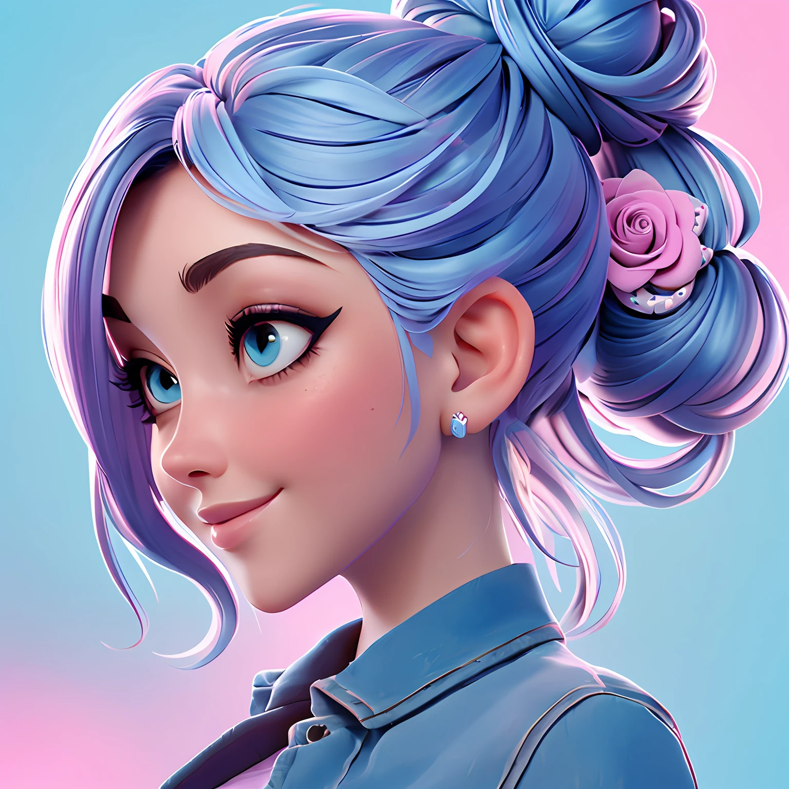 uma mulher, Your hair is stuck in a messy bun, preto e rosa, The background is filled with a pastel shade of light blue, evoking a sense of lightness and happiness.