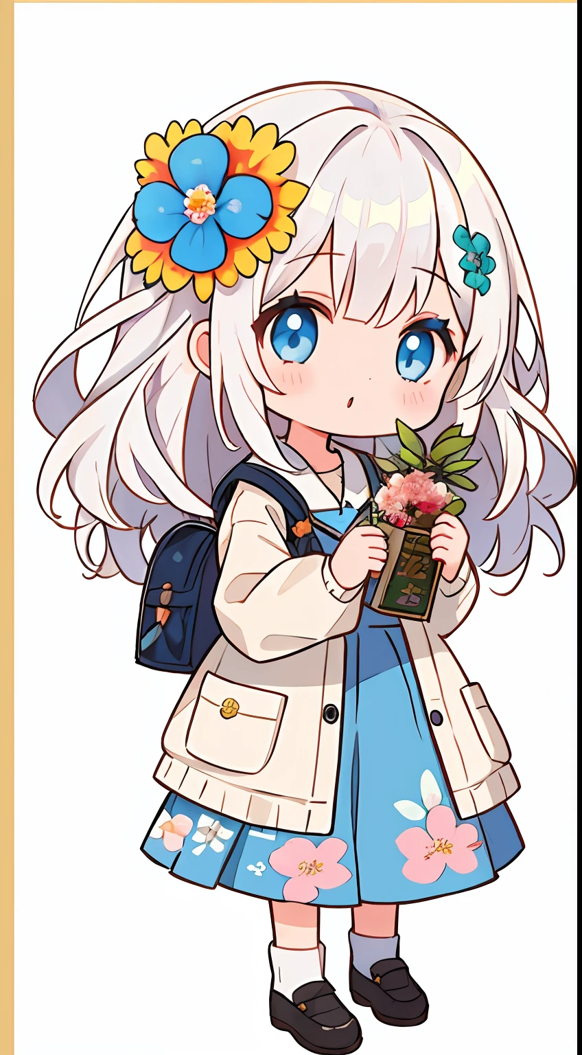 One girl、white backgrounid、stele、florals、Popflower、white  hair、blue eyess、long、校服、Fluffy skirt、Floral hair ornament、Standing picture、to stand、cute little、​masterpiece、Top image quality、top-quality