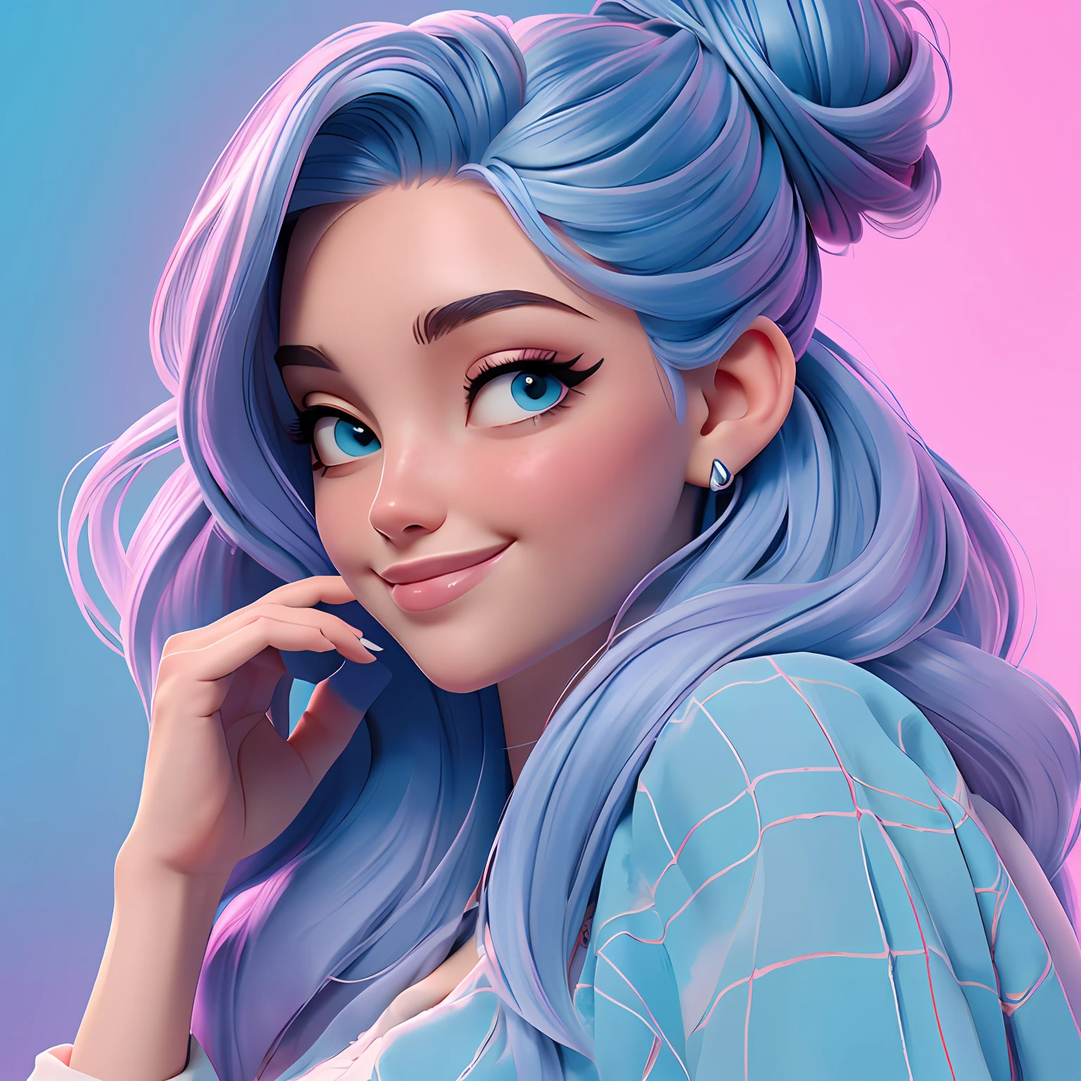 uma mulher, Your hair is stuck in a messy bun, preto e rosa, The background is filled with a pastel shade of light blue, evoking a sense of lightness and happiness.