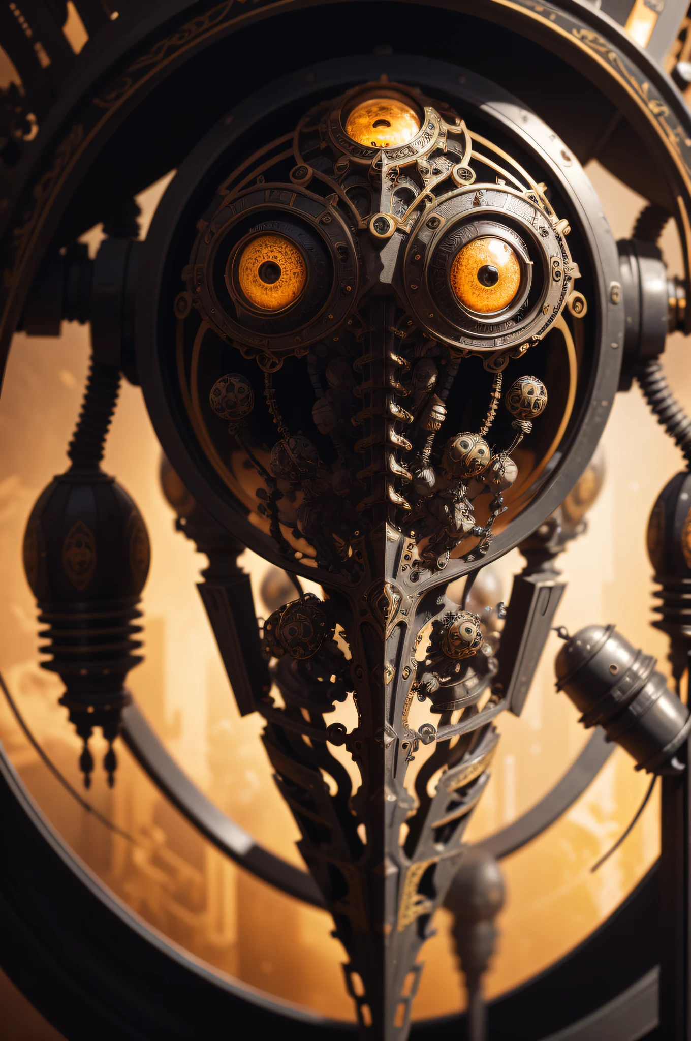 NO TEXT, FULL FRAME, intricately detailed out of this world machinery who creates tiny clone soldiers with transparent heads, turned out to be biomechanical nightmare, PILGRIMS IN AWE, black oil and gold, many eyes everywhere, no text, no writings