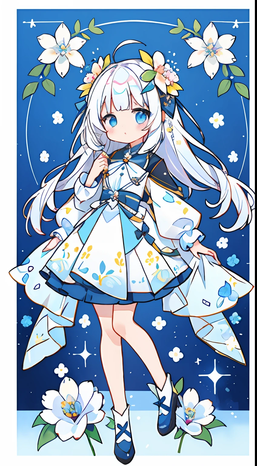 One girl、white backgrounid、stele、florals、Popflower、white hair、blue eyess、long、校服、Fluffy skirt、Floral hair ornament、Standing picture、to stand、cute little、masterpiece、Top image quality、top-quality