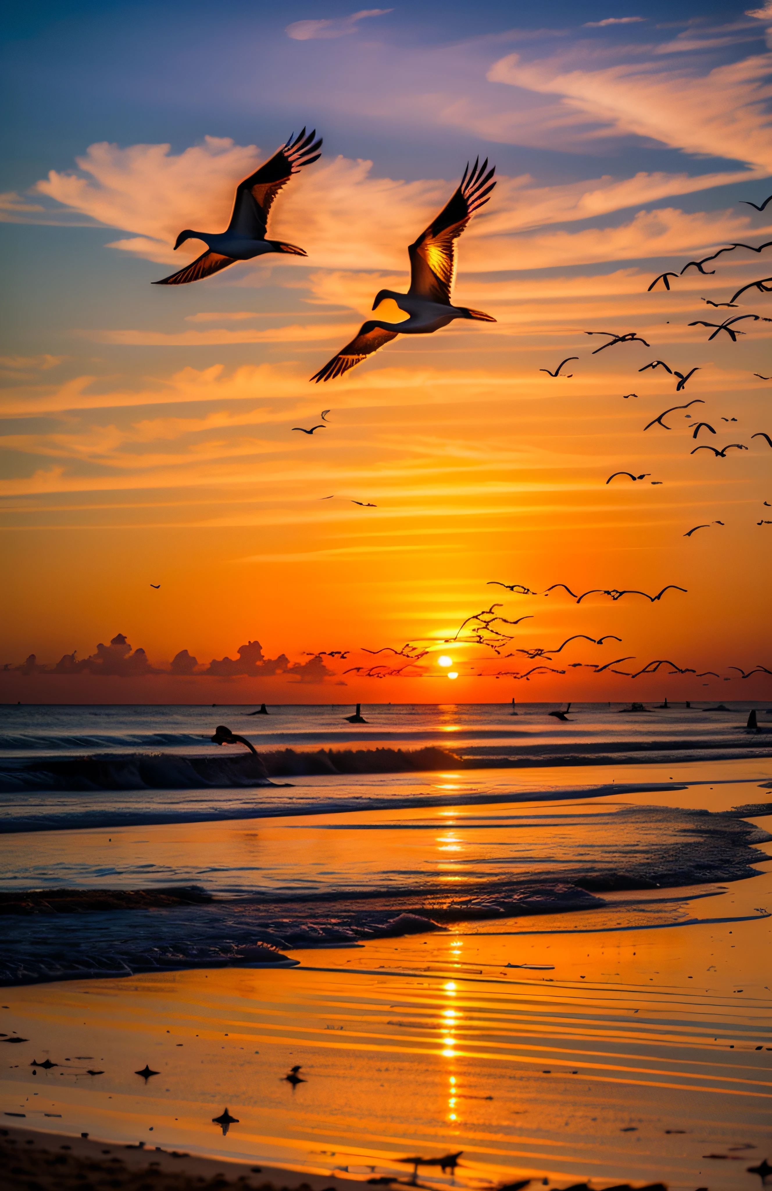 An absolutely mesmerizing sunset on the beach, with a mix of orange, pink, and yellow in the sky. The water is crystal clear, gently kisses the coast, and the white sand is endless. The scene is dynamic and breathtaking, with seagulls soaring high in the sky and palm trees swaying softly. Immerse yourself in the calm atmosphere and let the serenity surround you.