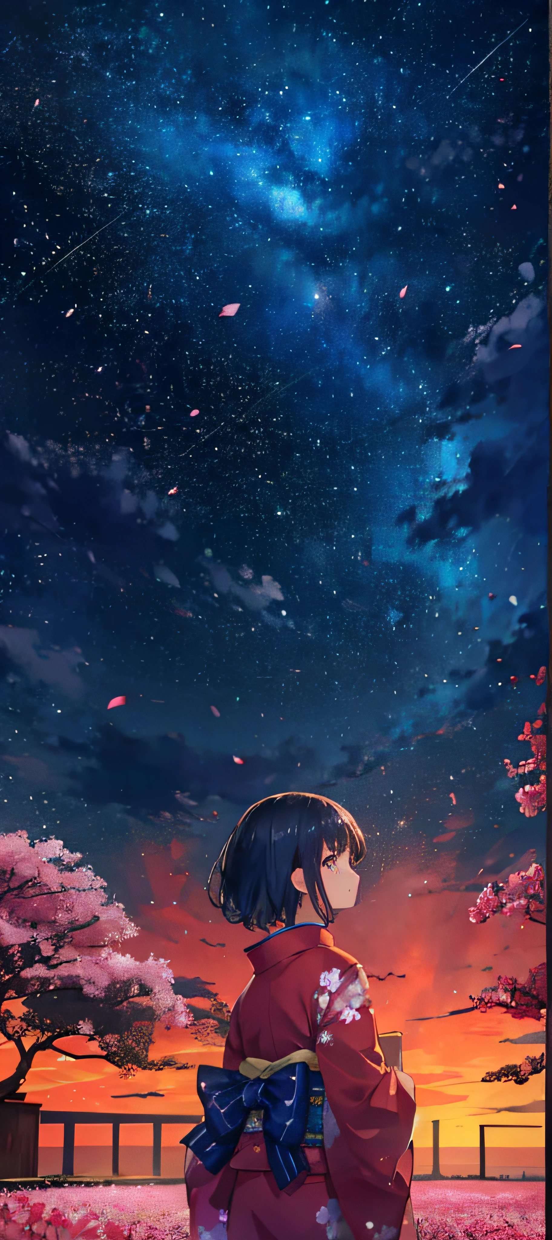 1girl, a distant girl in a kimono staring at the stars, (zoomed out: 1.1), (meteor shower: 1.2), (comet: 1.1), your name, low angle, from behind, northern lights, shooting stars, yukata, red kimono, cherry blossoms, Standing in the field, best quality, masterpiece, cloud, colorful, starry, stars,