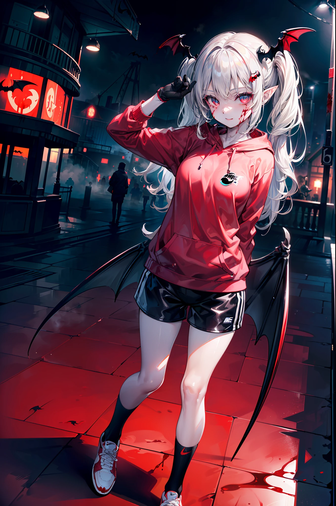((masterpiece, best quality, extremely detailed CG, unity 8k wallpaper,anatomically correct,ultra resolution)),Award-winning photography,(best illumination,Very Delicate and Beautiful),(one girl,solo,loli:1.5),(Vampire:1.45),silver hair,(twintails:1.2),glowing red eyes,(pale skin:1.45),(extremely beautiful and detailed face:1.2), (extremely beautiful and detailed eyes:1.2),perfect hands,delicate legs,((bat hair ornament)),(graceful,fashion),pointy ears,slim body,((nike hoodie:1.4,sports shorts,sports shoes,black leather gloves,black naked socks)),looking at viewer,arms up,head tilt,happy smile,dark persona,evil,(cute:1.5),((night, dark atmosphere, dark theme, darkness:1.5)),dramatic shadows,(dimly lit:1.5),blood on face,blood on floor, blood on walls,(blood mist,blood splash:1.4),depth of field,(ferris wheel:1.2,amusement park:1.3),skyline,(perfect human body structure with maximum precision)