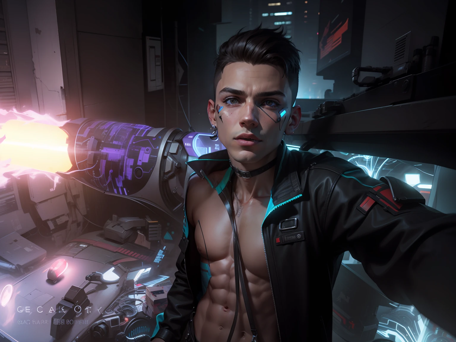 Change this background cyberpunk, realistic face,8k, ultra graphics, a boy, eight packs