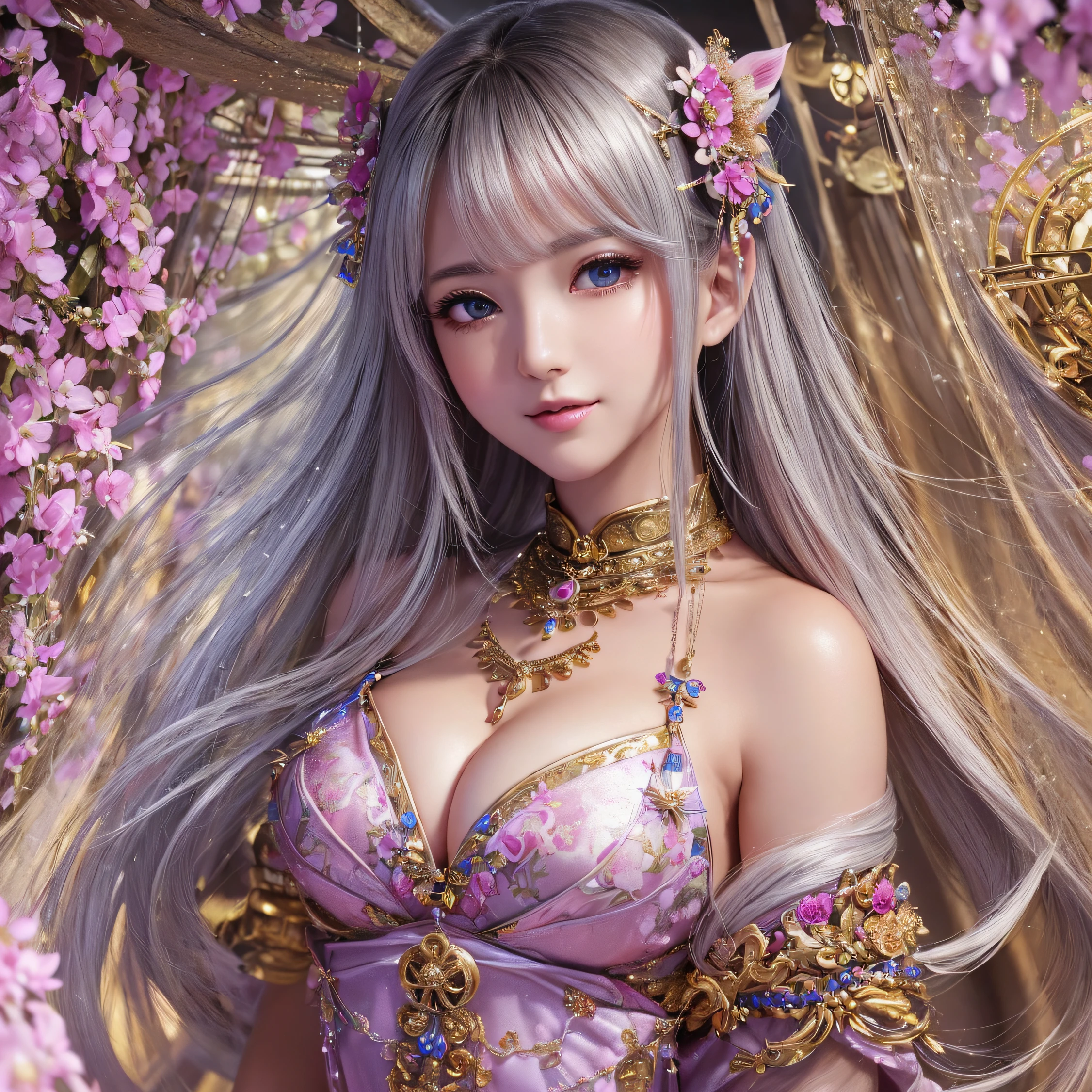 (Ultra Real), (Illustration), (High Resolution), (8K), (Very Detailed), (Best Illustration), (Beautiful and Detailed Eyes), (Best Quality), (Ultra Detailed), (Masterpiece), (Wallpaper), (Detailed Face), (Very Detailed Design, ), (Cleavage), (Very Beautiful Body Line), (Smile that captivates viewers)), (Very shiny skin), (Bare shoulders), ( （shrine maiden）））,((Shrine maidens' costumes))