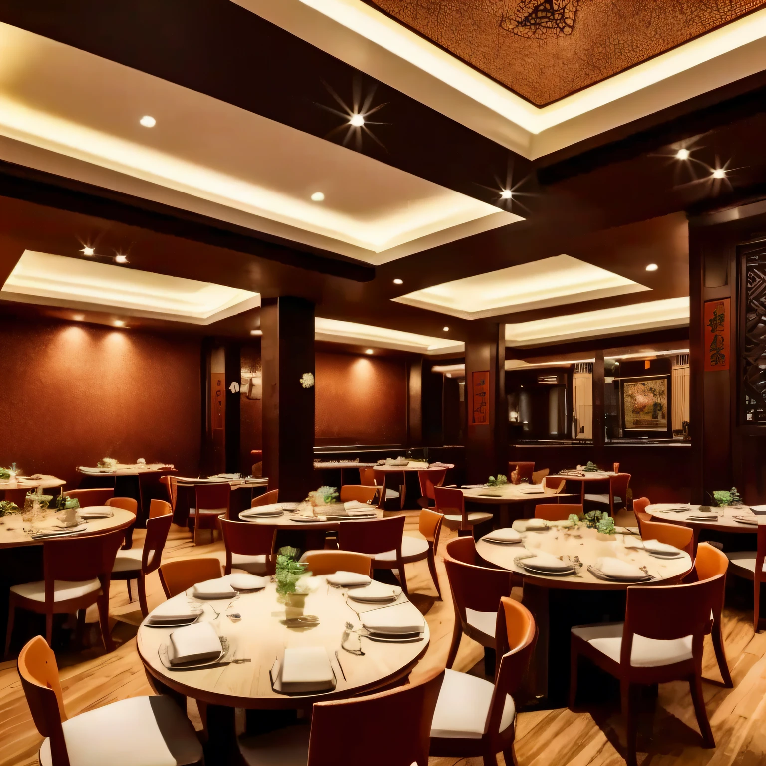 Chinese style restaurant with round tables, corners, wide perspectives. modern