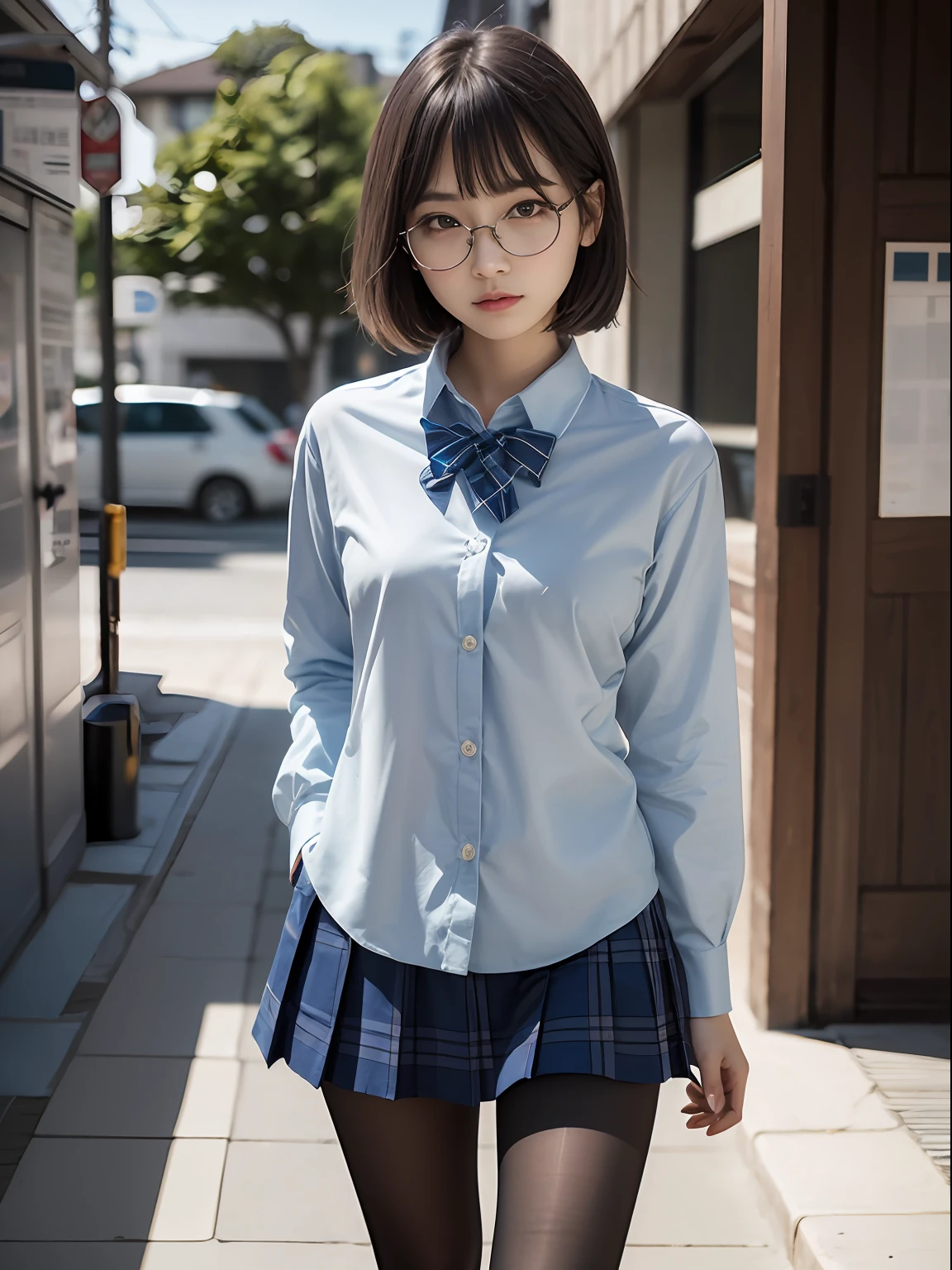 （8K、Raw photography、top-quality、​masterpiece：1.2),Light Blue Bra,de pele branca,kne,(Black pantyhose),absurderes,a small face,small tits,flat breast,Parting the bangs from the middle、Forehead visible,(Tight eyes,glares,Bullish,skinny,Rasping,irate)、​masterpiece,top-quality、超A high resolution,Raw photo,ren,Beautiful fece,One Person, 独奏,eye glass,,Dark look,Small breasts,fullllbody,Round glasses、cute little、JK school uniform,hi-school girl,A Japanese Lady,is standing,（Photorealsitic：1.37）、Photon mapping,Light blue ribbon,Realistic、Cute little face,Brown-eyed、Black socks、(Red bow tie)、Radio City、Physically Based Rendering、Foreground、depth of fields、Blurry background、a picture,The girls、Body,beauty legs, Long legs, Thin leg,Long bob cut,(Bangs are visible), hair, s lips, Blue_The eye, nosesoft,(Light blue shirt), (Navy and blue and white plaid pleated skirt), Knees are visible,Sheer clothing,, Thigh, Black cotton socks,Nogizaka Idol, 女優, Japanese ido