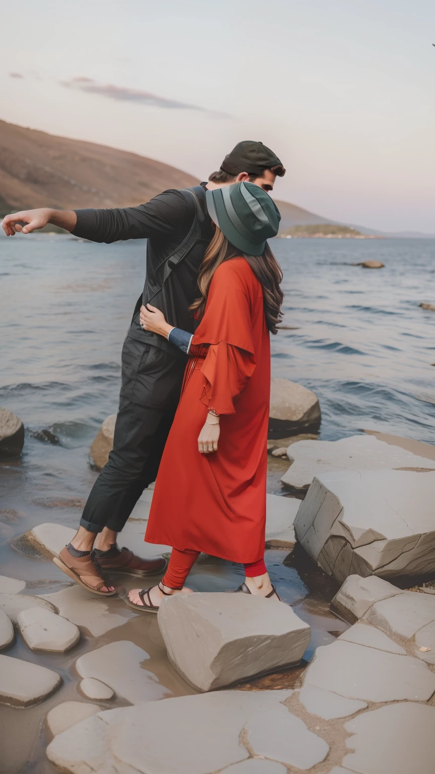 Romentic couples (happy)), masterpiece, best quality, ultra-detailed,hd realistic photo ground, outdoor, (night), see beech, nature, (stars, moon) cheerful, happy, backpack, stove, water bottle show s sandals, , sweet, hat, lantern, rocks, river, wood, smoke, shadows, contrast, clear sky, style, (warm hue, warm tone): 1.2), close-up, cinematic light, side lighting, ultra high resolution, best shadow, RAW, upper body, yung couple only background chenge not people