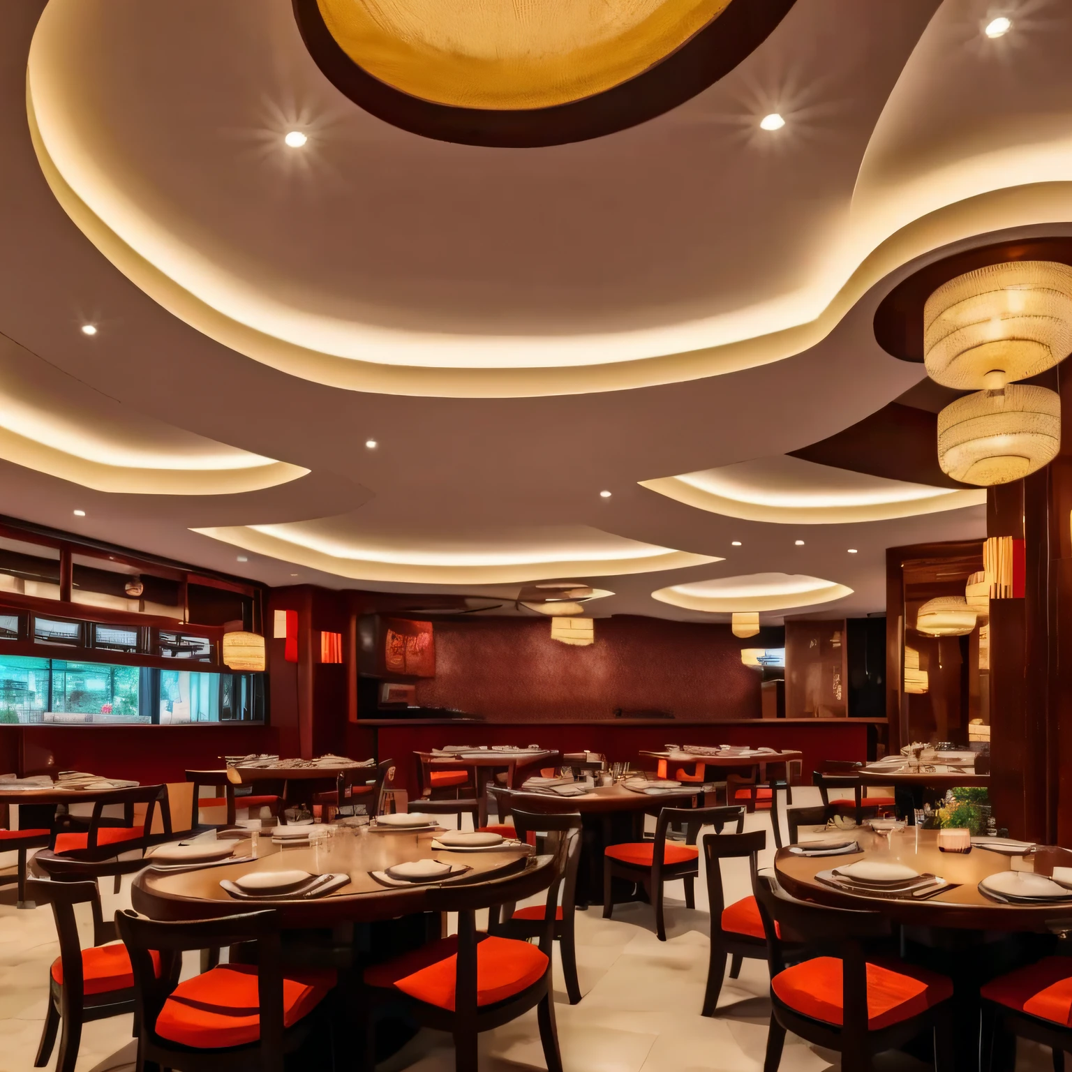 Chinese style restaurant with round tables, corners, wide perspectives. modern