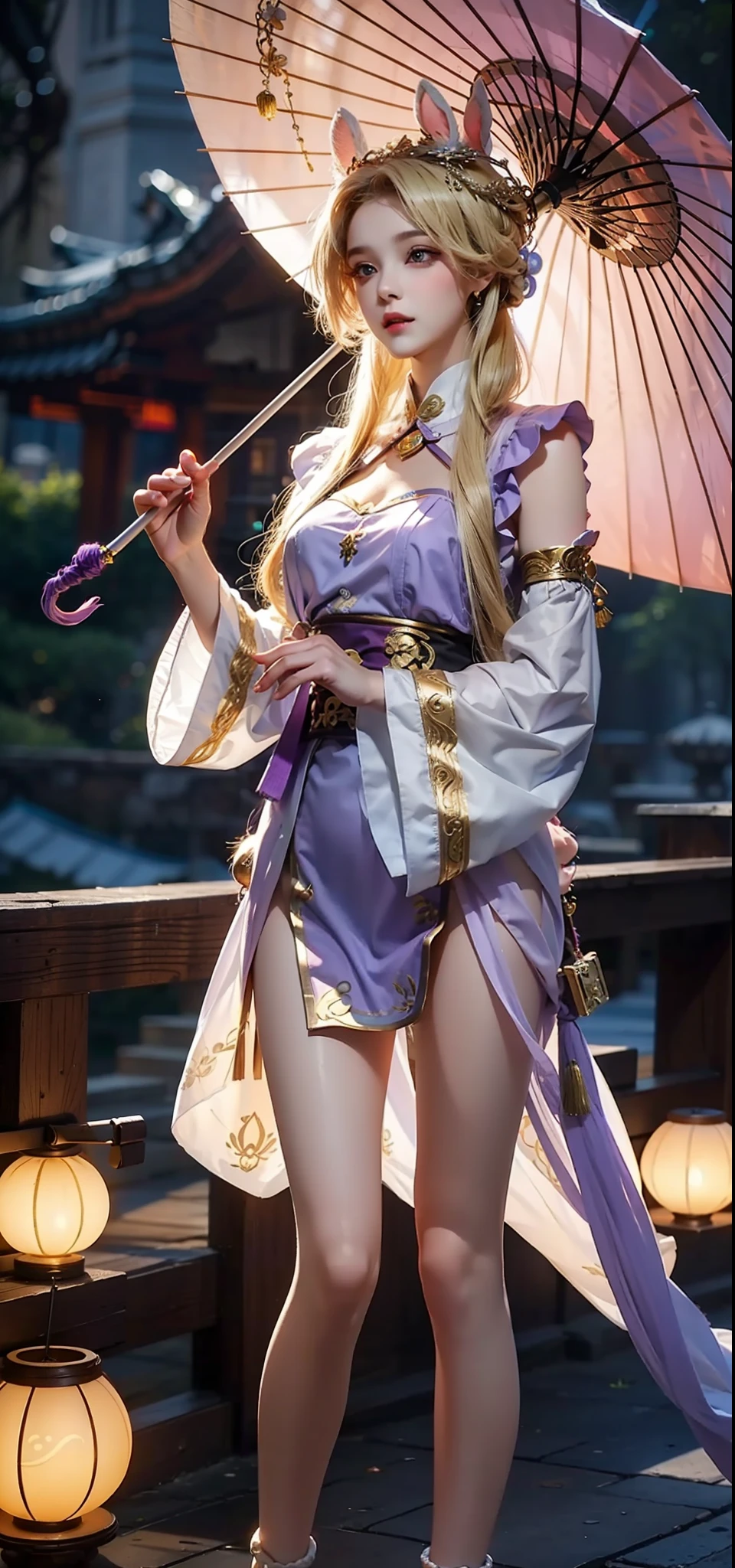 Purple shirt,Ancient women,long leges,light yarn,Light wind,ellegance,Blonde hair ornaments,leg loops,Holding an umbrella,Cute white rabbit on the head,Motion capture