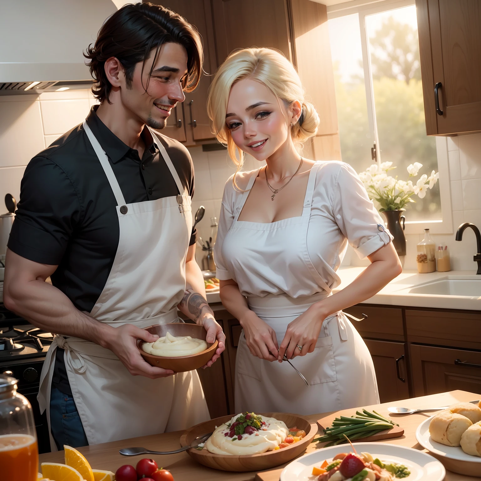 Um casal cozinhando juntos na cozinha, com aventais e sorrisos contagiantes, while preparing a special meal, reflecting the mutual support and harmony they share in everyday tasks.