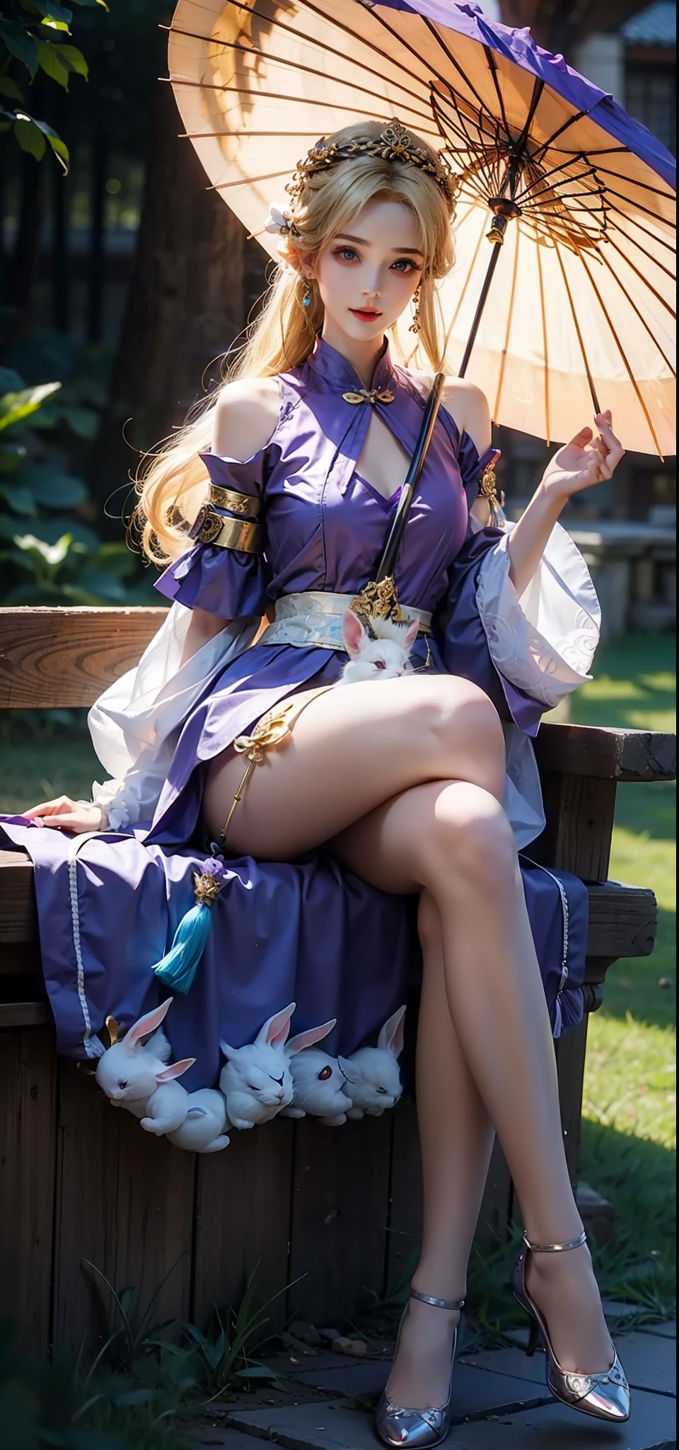 Purple shirt，Ancient women，long leges，light yarn，Light wind，ellegance，Blonde hair ornaments，leg loops，Holding an umbrella，Cute white rabbit on the head，Motion capture