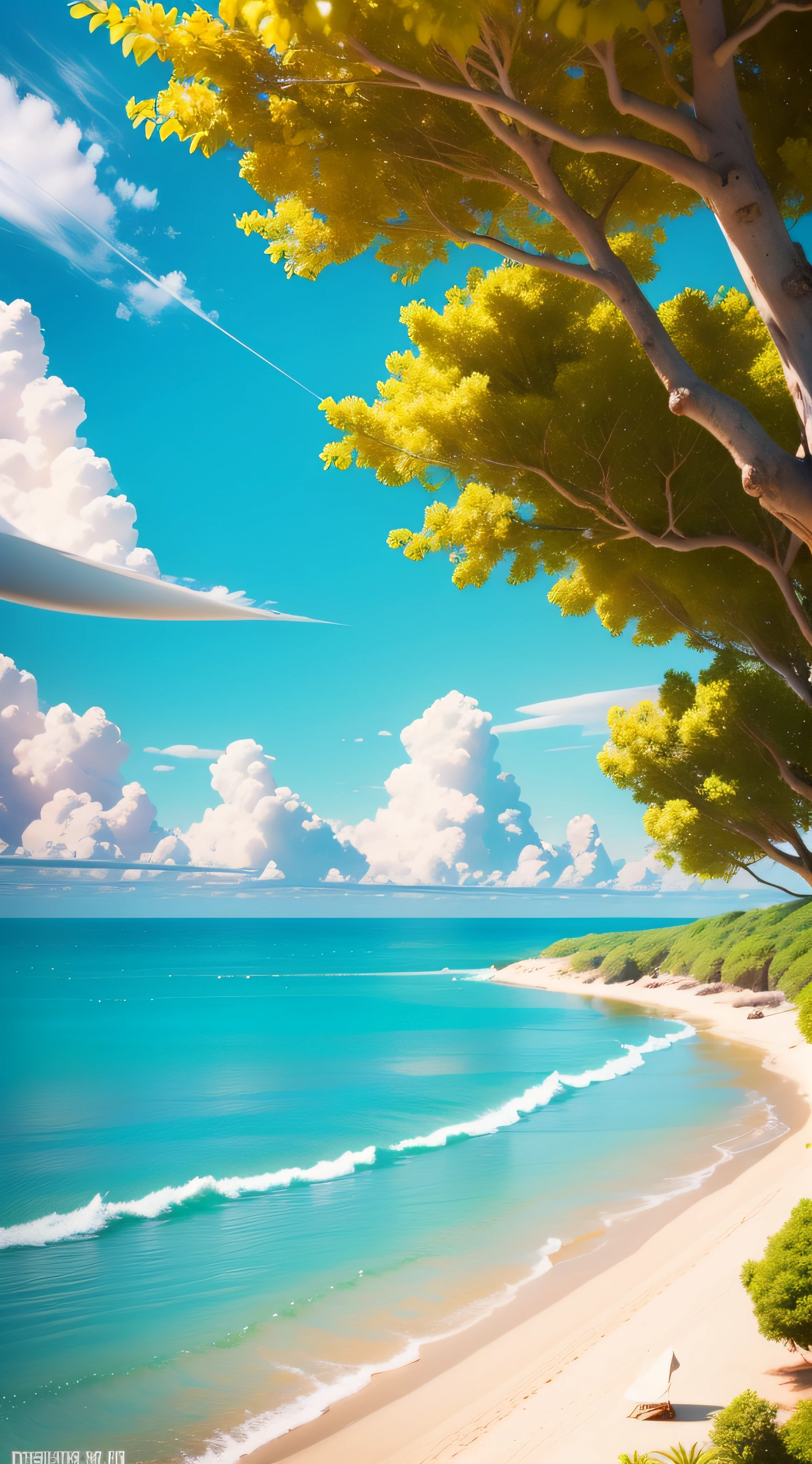 Summer seaside, beach, sunny weather, clear sky, sunny, colorful, happy summer vacation, simple picture, close-up, brilliant sunshine, distant waves, visual impact, 3D dreamWorks style