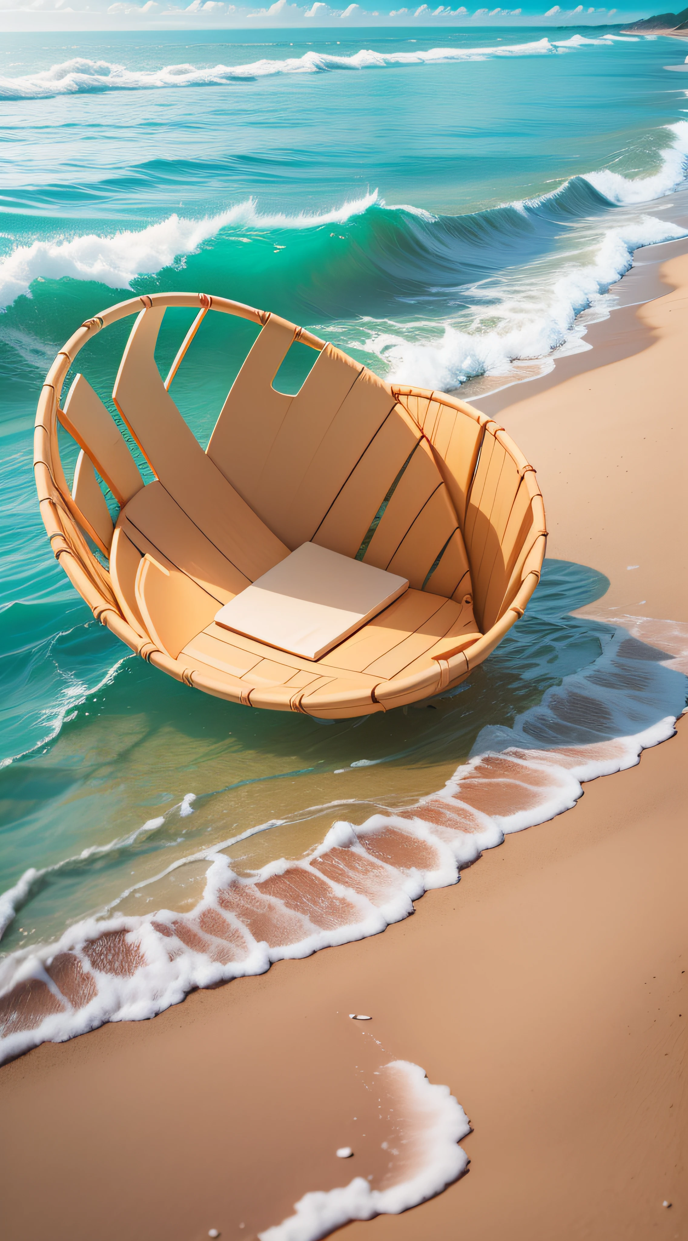 Summer seaside, beach, sunny weather, clear sky, sunny, colorful, happy summer vacation, simple picture, close-up, brilliant sunshine, distant waves, visual impact, 3D dreamWorks style