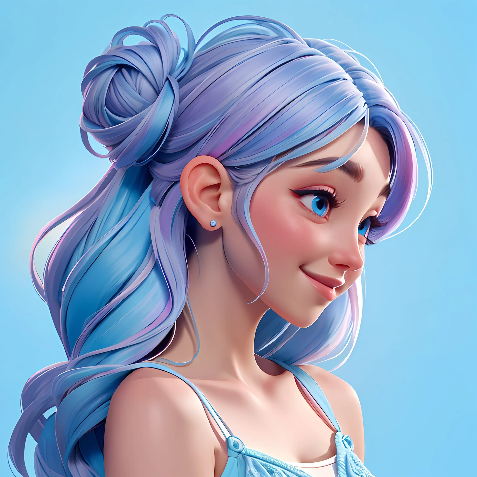 uma mulher, Your hair is stuck in a messy bun, azul e rosa, The background is filled with a pastel shade of light blue, evoking a sense of lightness and happiness.