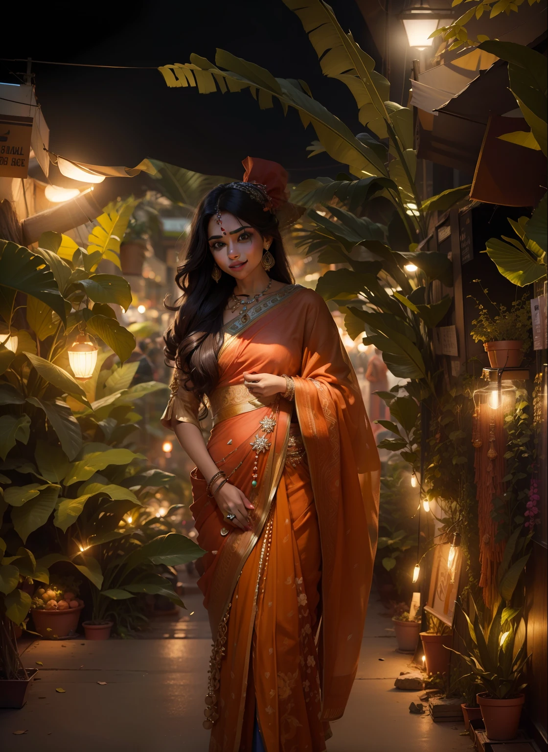 24-28 Years Old bollywood indian female fashion mode,brown skin,dressed Sari,Happy expression on face,at the night market,backlight, extremely realistic, 8k, insane details, intricate details, cinematic color graded,Color Grading, Editorial Photography, Photography,sharp focus, taken with a 60mm lens, ISO 300, f/4, 1/200th