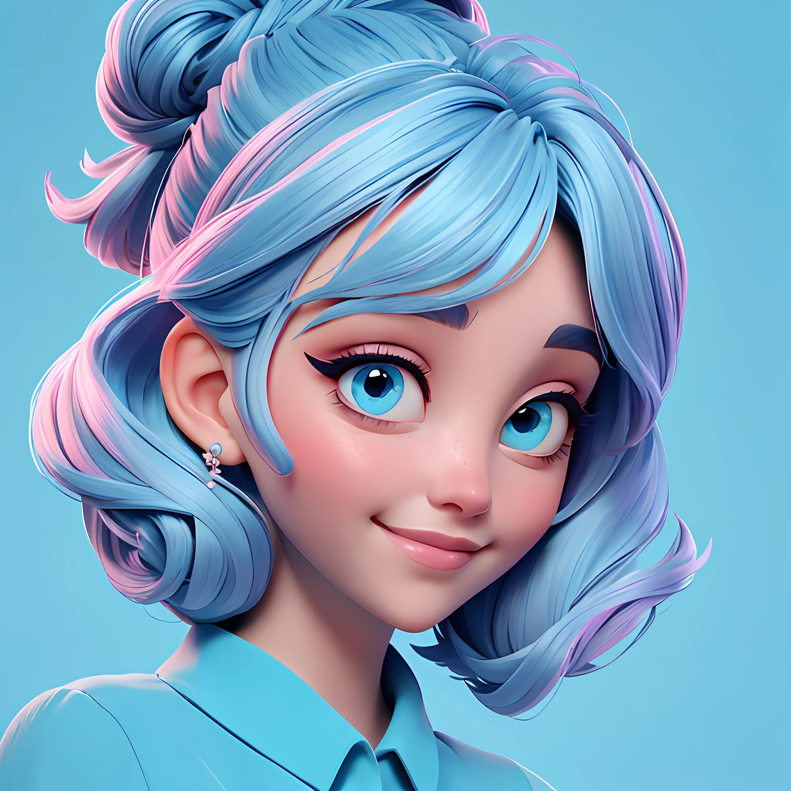 uma mulher, Your hair is stuck in a messy bun, azul e rosa, The background is filled with a pastel shade of light blue, evoking a sense of lightness and happiness.