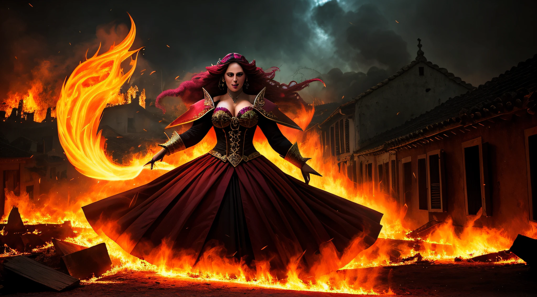 (papel de parede 8k extremamente detalhado) +, a background photo of a demonic sorceress conjuring fire in a burning and destroyed village, Intrincado, Alto Detalhe, dramatic, obra-prima de melhor qualidade, fotorrealista, detalhado, 8k, HDR, retroiluminação, florescer, brilhos de luz, foco nítido