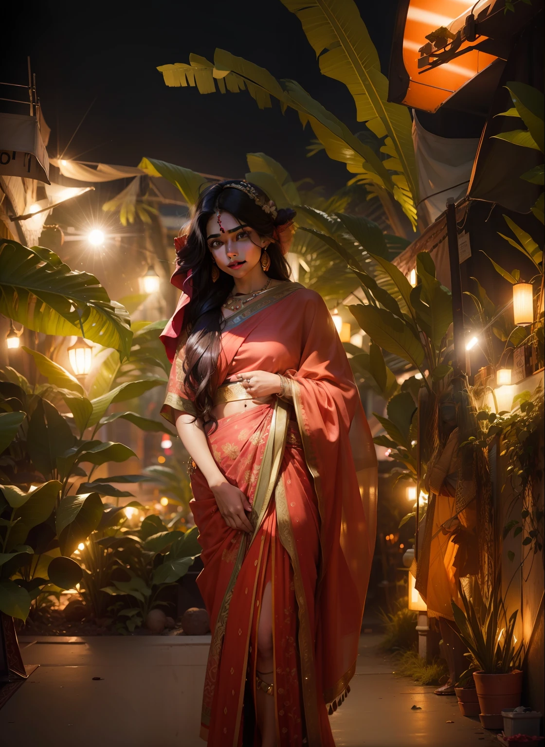 24-28 Years Old bollywood indian female fashion mode,brown skin,dressed Sari,Happy expression on face,at the night market,backlight, extremely realistic, 8k, insane details, intricate details, cinematic color graded,Color Grading, Editorial Photography, Photography,sharp focus, taken with a 60mm lens, ISO 300, f/4, 1/200th