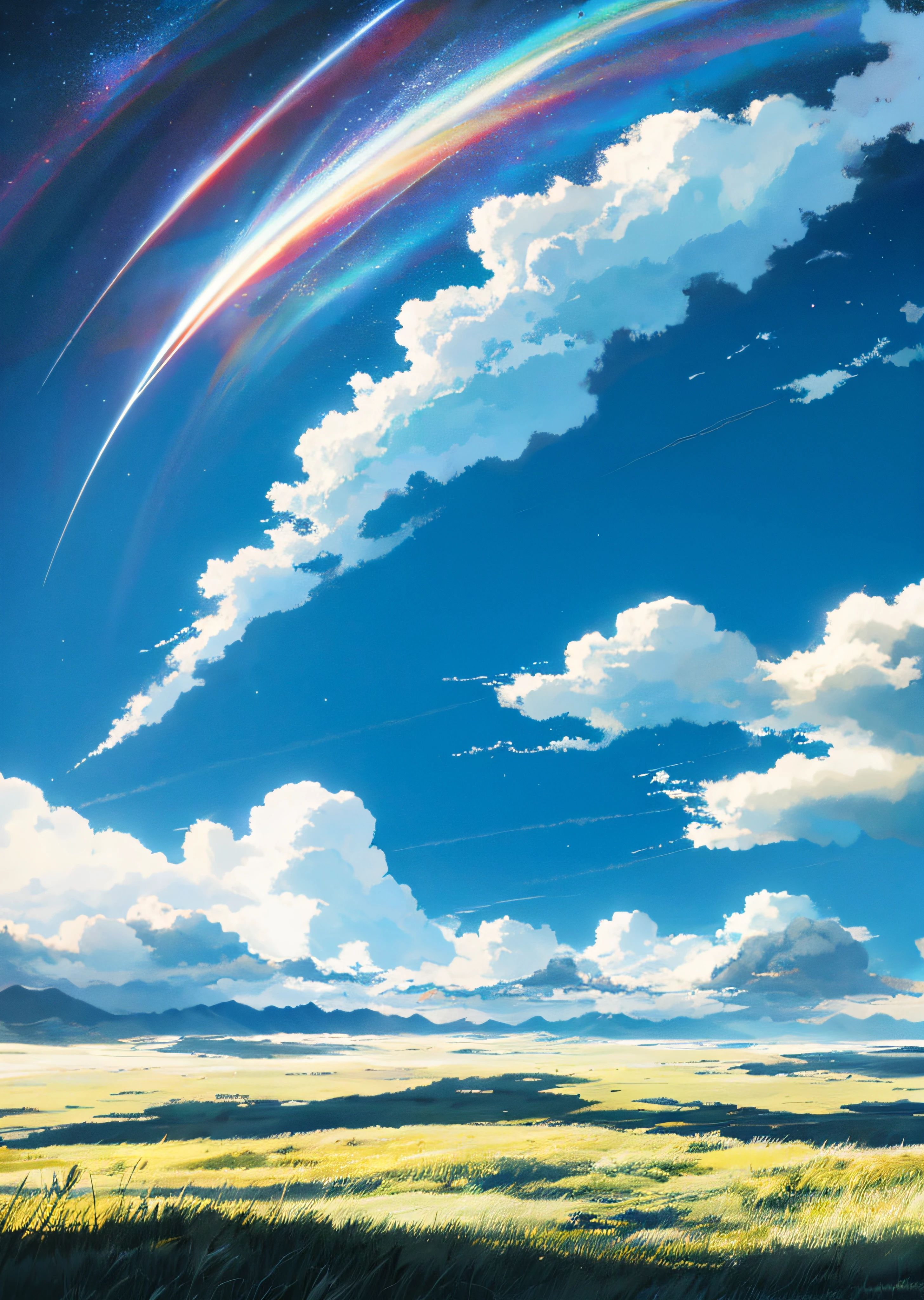 Vast sky, beautiful skyline, large grassland, moving visual effects, hanging north star, colorful natural light.