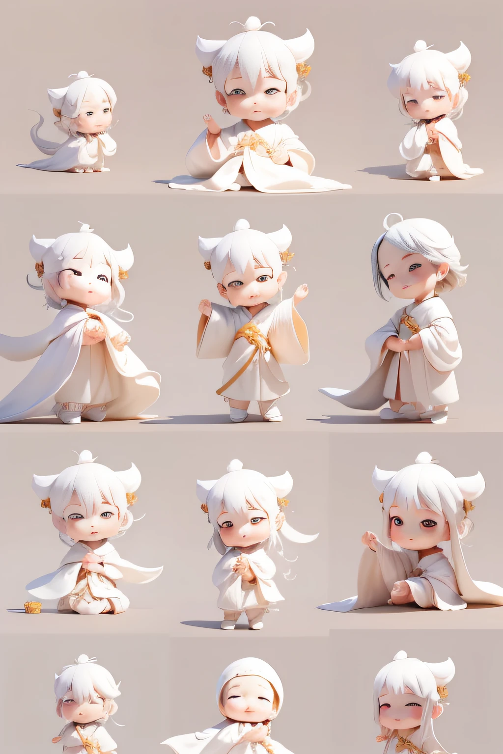 Little boy in white robe, Tang dynasty elegant poet, Eight cute poses and expressions, Smile, Sad, Angry, Anticipation. Different emotions, multiple possand expressionses, Chinese painting, tchibi, Illustrations, flatcolors, simple line 2d painting, popular artstations, Digital art, pixel style cartoons, lineworks, 8K
