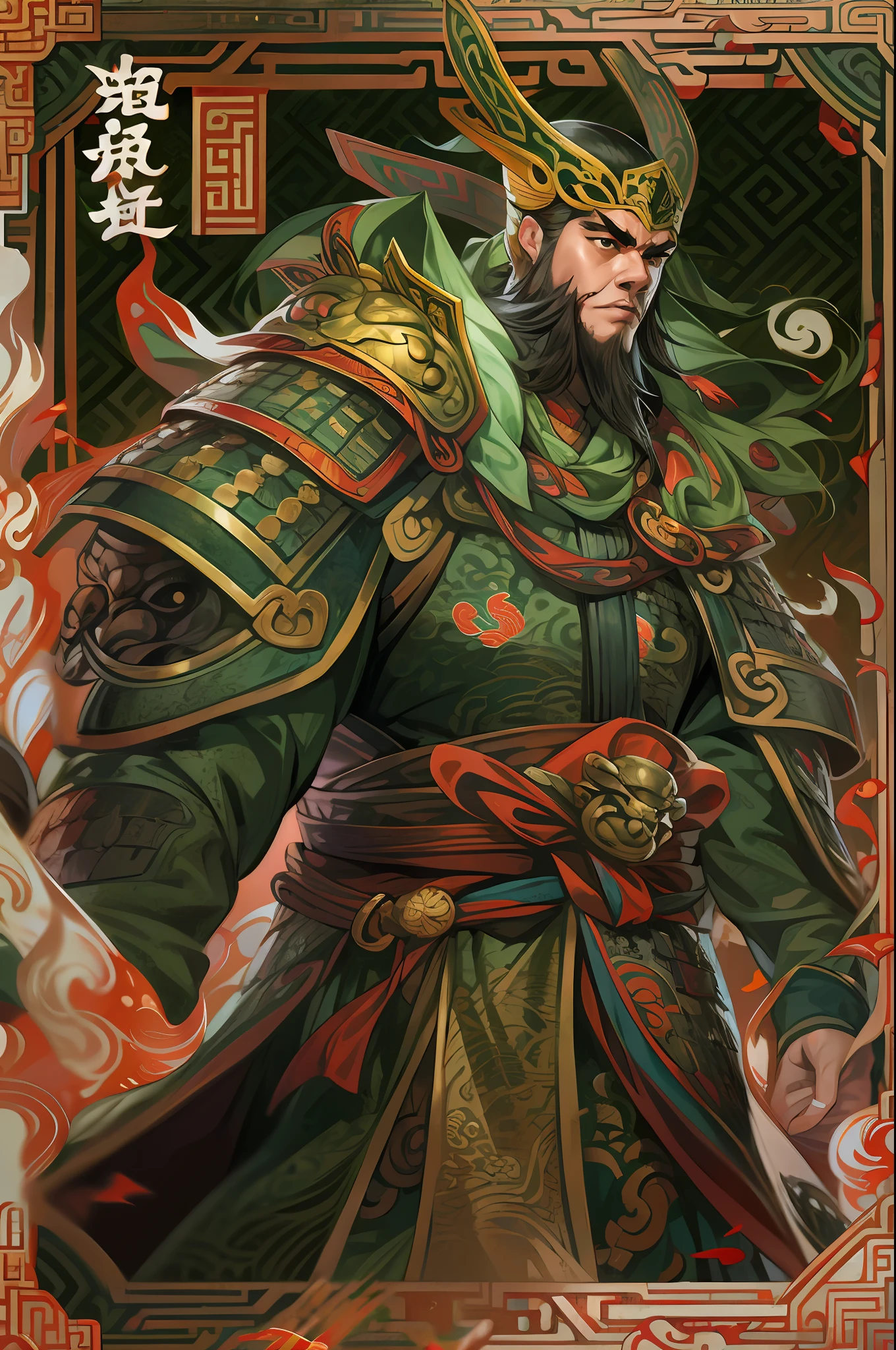 Card design，1male people，Three Kingdoms killing style:1.2，Ancient Chinese background，A meticulous face，Clear face，Full body like，Shogun，Armor，Card background、对称，High picture quality，tmasterpiece，best qualtiy，超高分辨率