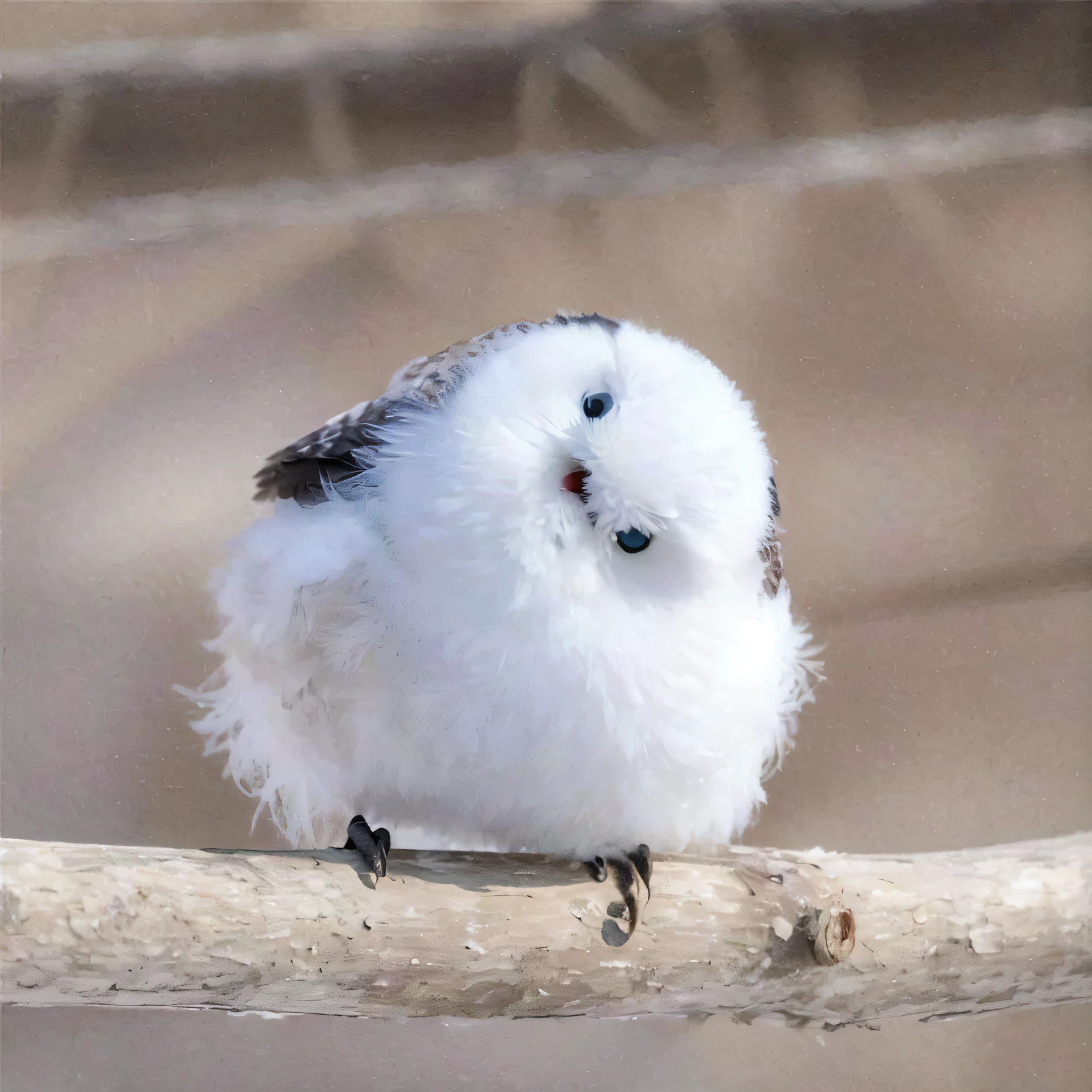 There is a small white bird on the branch, fluffy face, very very small owl, fluffy body, outrageously fluffy, down, the cutest creature in the world, fluffly!!!, Fluffy!!!, Fluffy, frosty white eyes, the cutest creature in the world, fluffy full of light, birb, cute single animal, soft but grumpy