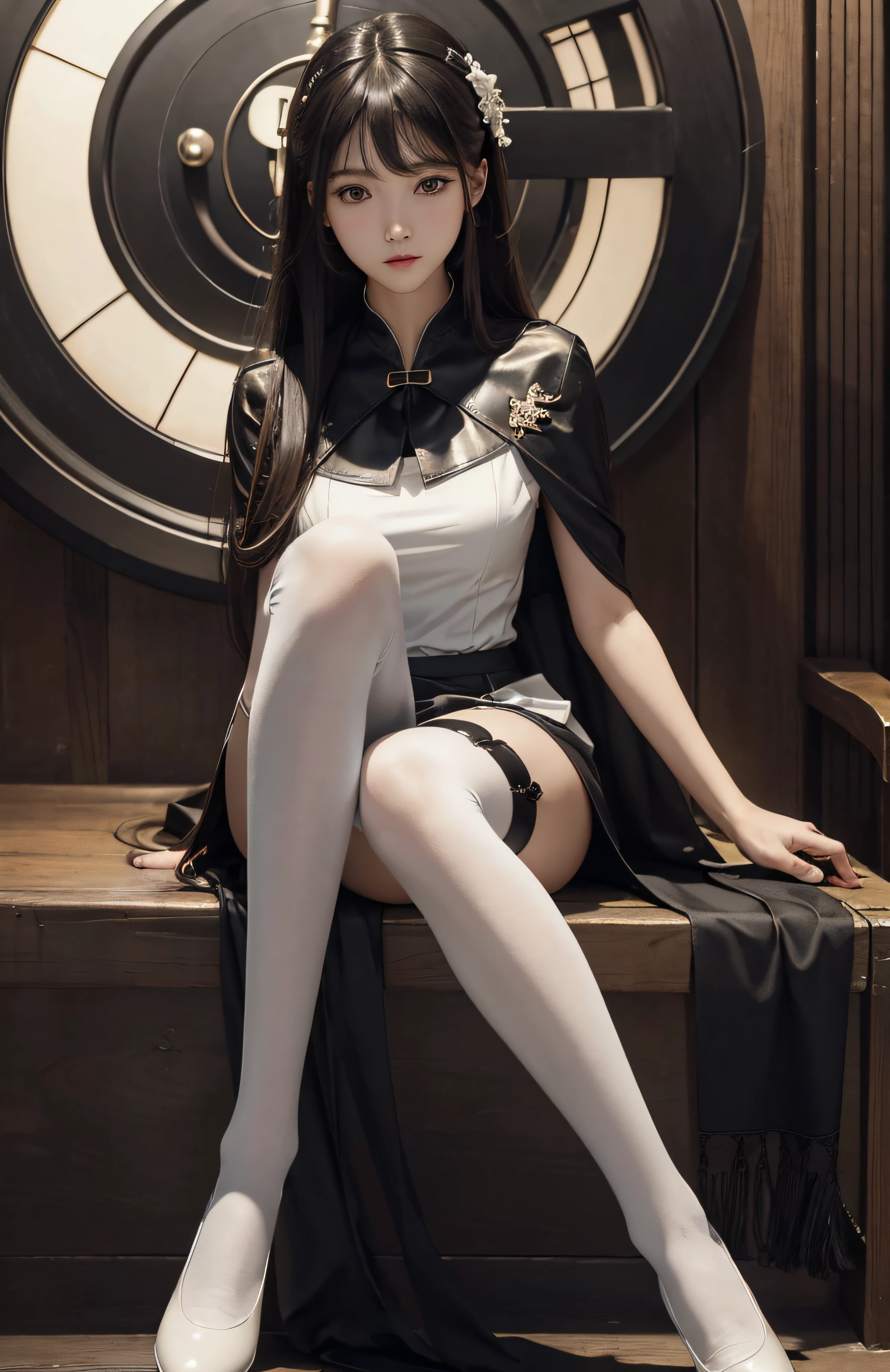 (Hyper-realistic) , (illustratio), (Increase the resolution), (8K), (extremely detaile), (Most Best Illustration), (美丽细致的眼睛), (best qualtiy), (ultra - detailed), (tmasterpiece), ( the wallpaper), (详细的脸), 独奏,1个Giant Breast Girl, looking at viewert, exquisite detailing, 详细的脸, in the darkness nigth, deep shading, low tune,pureerosfaceace_V1, One word horse,ssmile,long whitr hair,Black shawl straight hair,46 points oblique bangs、Fair and flawless long legs、High quality small leather shoes、White ice tube stockings(ultra - detailed)