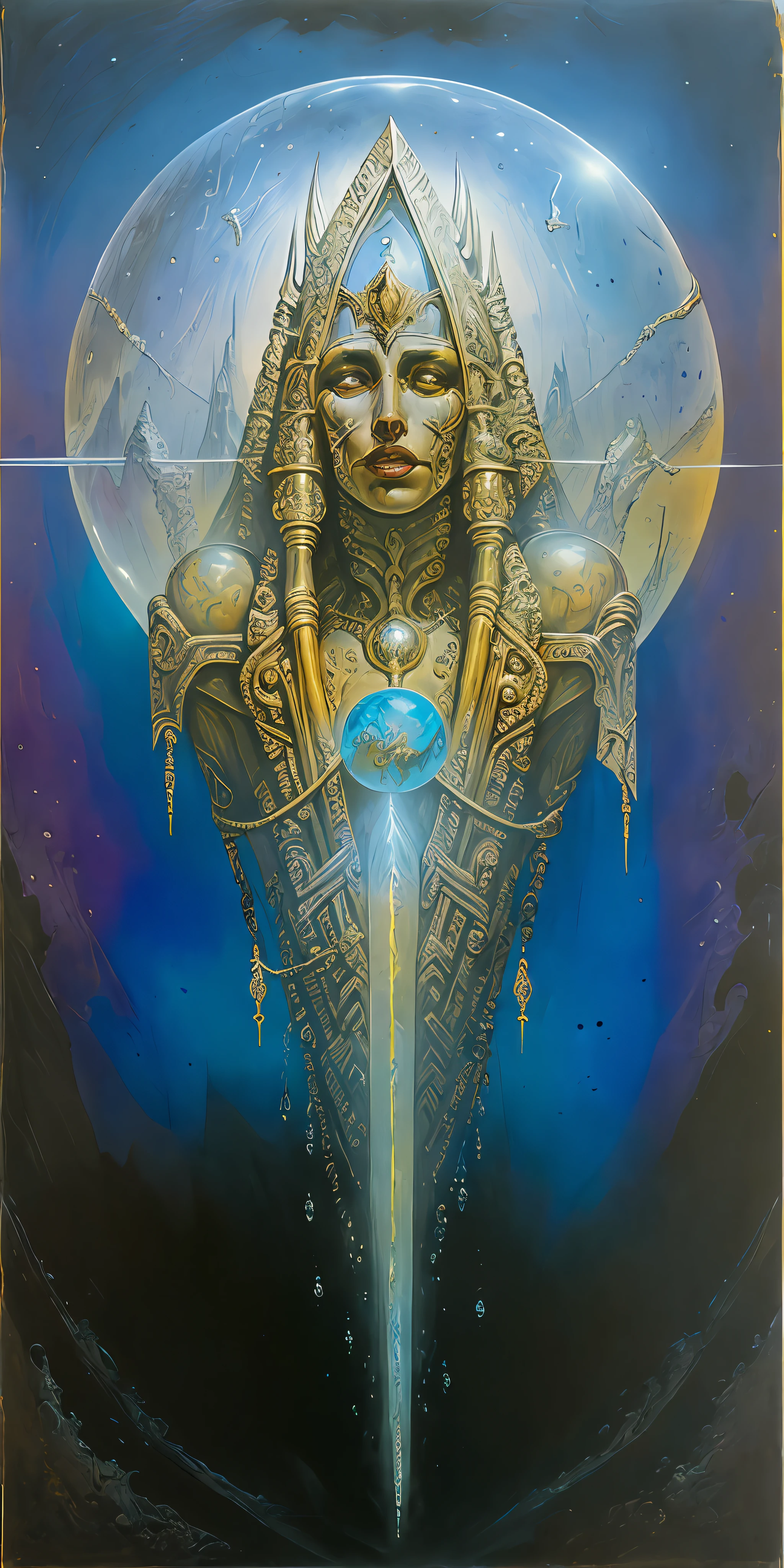 methurlant, A portrait of a alien, (intricate, atmospheric, surreal, gritty, cinematic, stylized, contrast, comic, eerie, stylized, cybernetic, futuristic, dystopian), Blizzard, ,  Ladders,Empty chairs,Chessboard, Mysterious,Morbid,Ghoulish,  metalic skin, (Polychromatic:1.1), (Golden ratio:1.1),  (Sfumato:1.1), (Reflected light:1.2), Ice, Sphere, ultra detailed, intricate, oil on canvas, dry brush, (surrealism:1.1), (disturbing:1.1)
