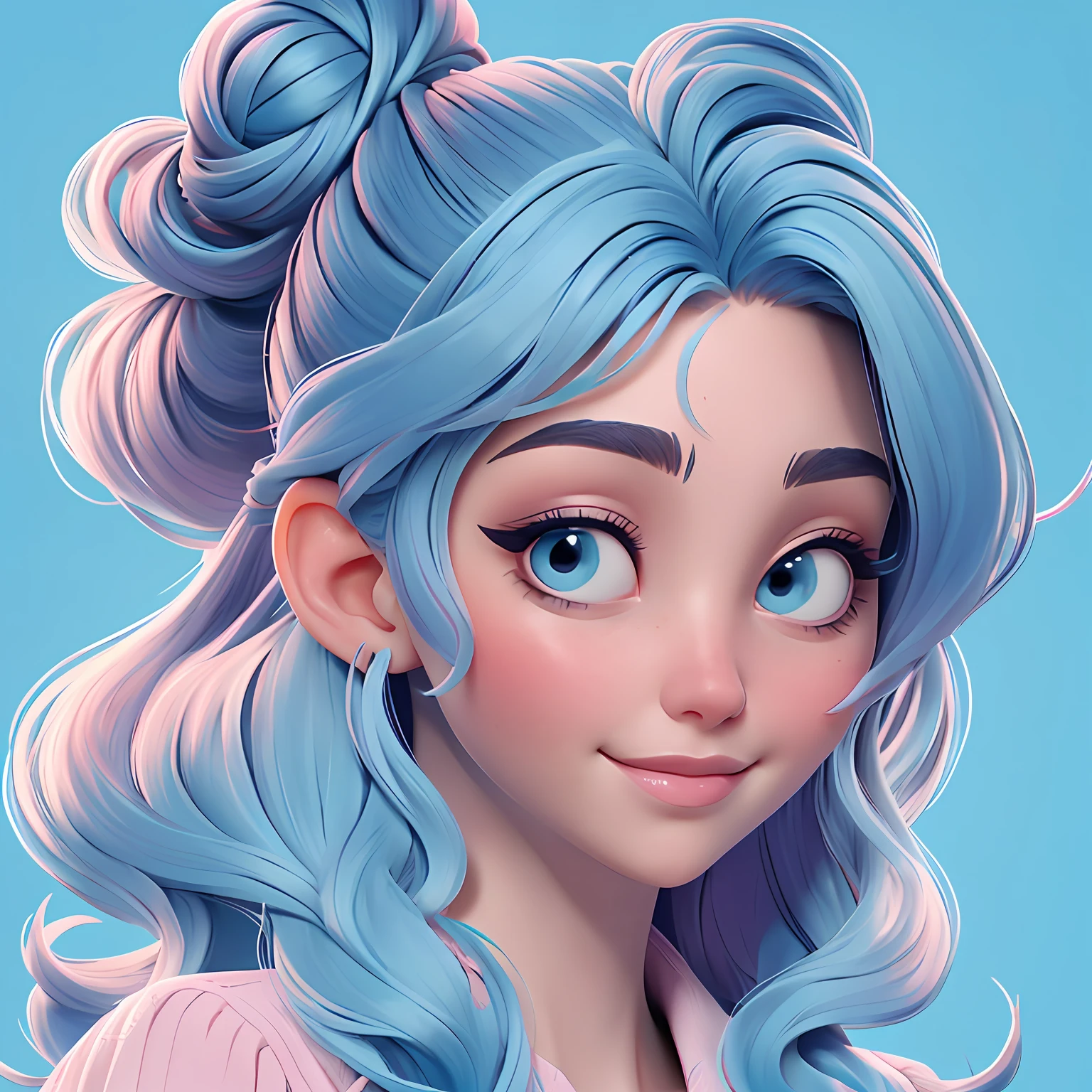 uma mulher, Your hair is stuck in a messy bun, azul escuro, The background is filled with a pastel shade of light blue, evoking a sense of lightness and happiness.