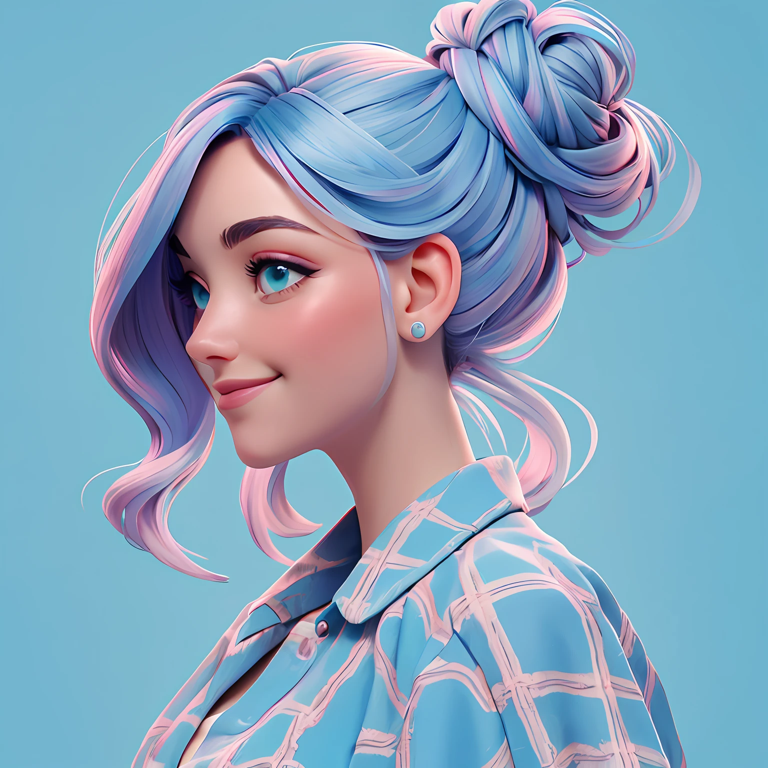 uma mulher, Your hair is stuck in a messy bun, azul escuro, The background is filled with a pastel shade of light blue, evoking a sense of lightness and happiness.