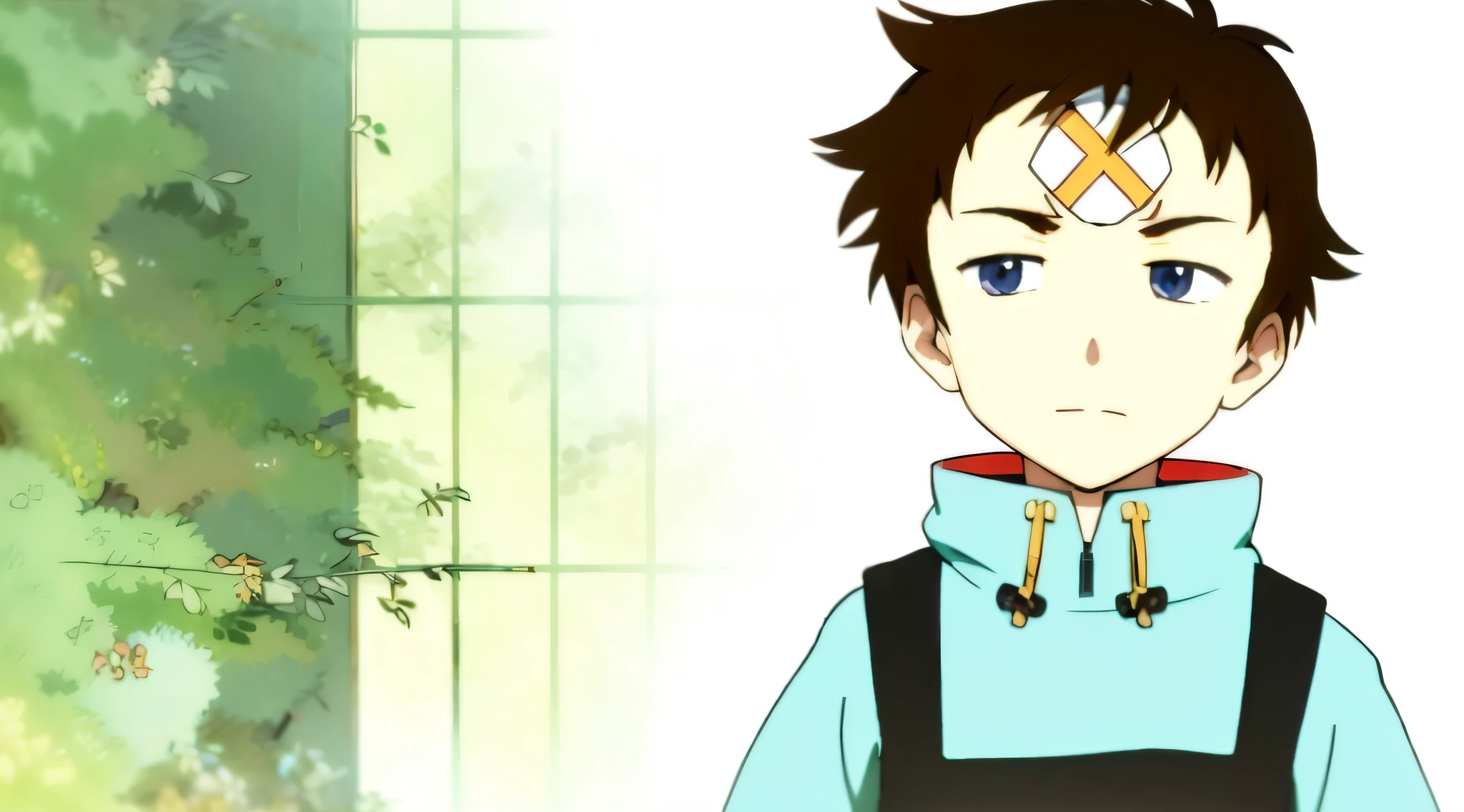 Menino anime com um curativo na testa e um fundo verde, como um personagem de anime, inspirado em Kamisaka Sekka, em um anime, ainda de anime, imagem de anime safebooru, captura de tela do anime, inspired by Munakata Shikō, no filme de anime, Ainda de anime de TV, screencap anime, captura de tela do filme anime, Shinji