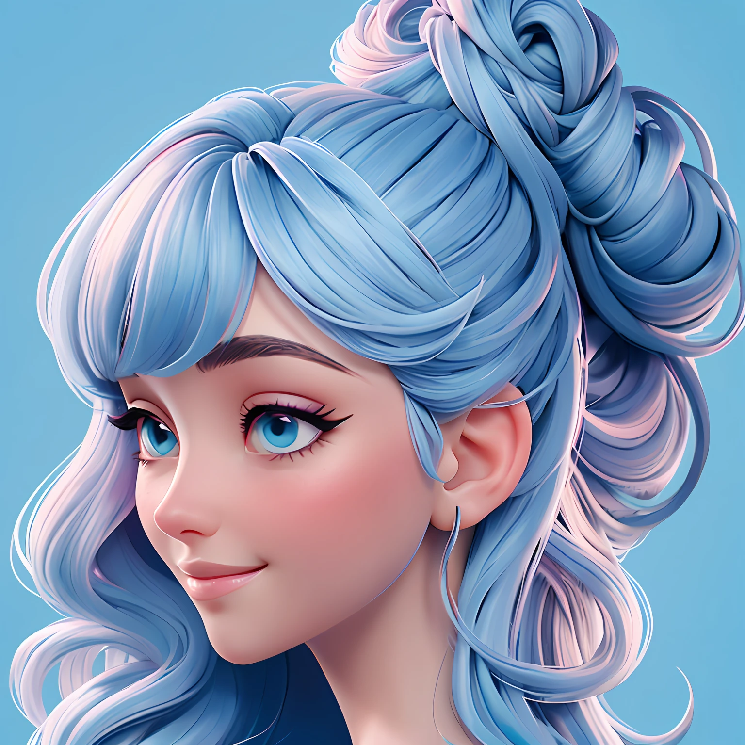 uma mulher, Your hair is stuck in a messy bun, azul escuro, The background is filled with a pastel shade of light blue, evoking a sense of lightness and happiness.