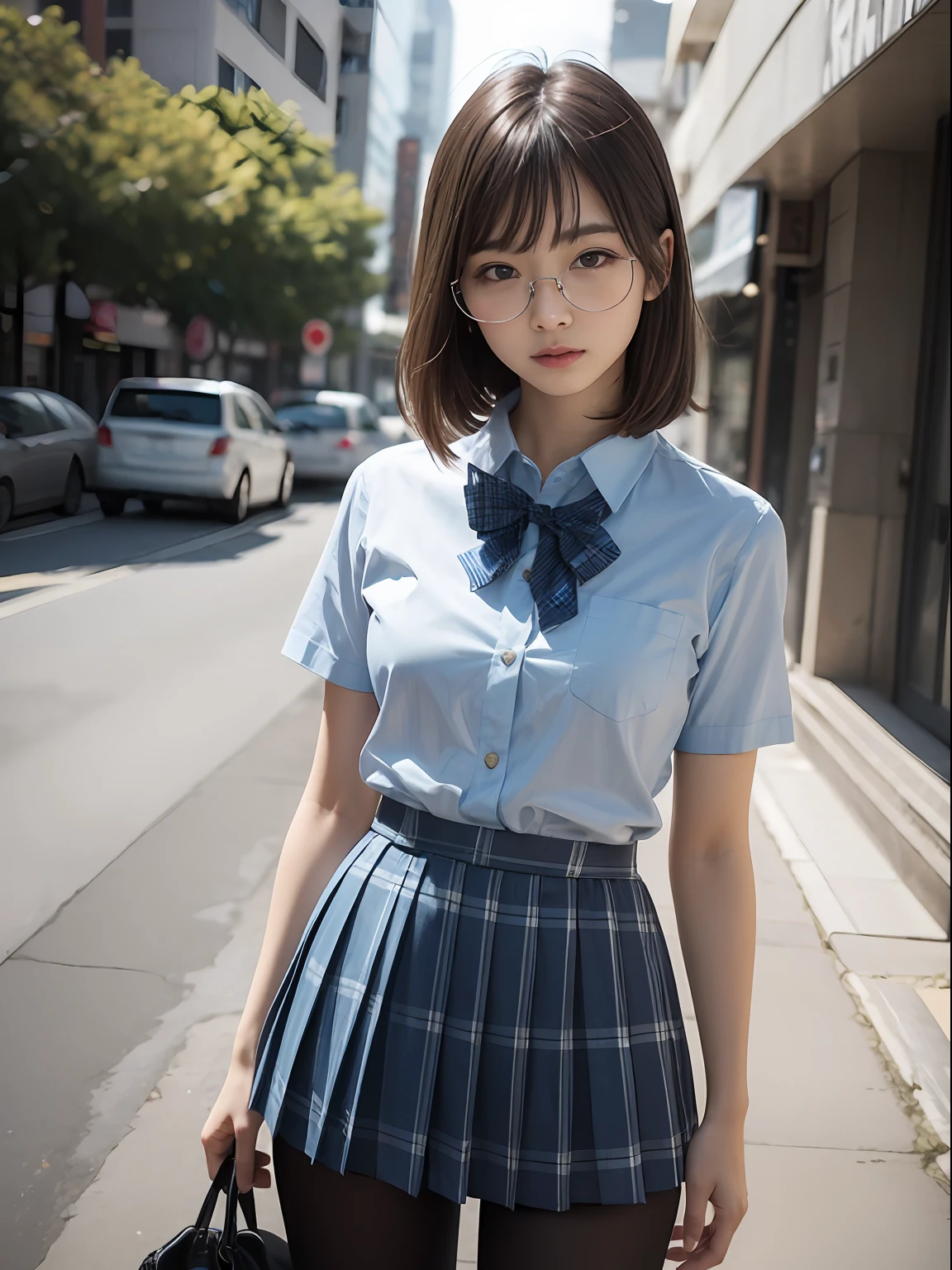 （8K、Raw photography、top-quality、​masterpiece：1.2),Light Blue Bra,de pele branca,kne,(Black pantyhose),absurderes,a small face,small tits,flat breast,Parting the bangs from the middle、Forehead visible,(Tight eyes,glares,Bullish,skinny,Rasping,irate)、​masterpiece,top-quality、超A high resolution,Raw photo,ren,Beautiful fece,One Person, 独奏,eye glass,,Dark look,Small breasts,fullllbody,Round glasses、cute little、JK school uniform,hi-school girl,A Japanese Lady,is standing,（Photorealsitic：1.37）、Photon mapping,Light blue ribbon,Realistic、Cute little face,Brown-eyed、Black socks、(Red bow tie)、Radio City、Physically Based Rendering、Foreground、depth of fields、Blurry background、a picture,The girls、Body,beauty legs, Long legs, Thin leg,Long bob cut,(Bangs are visible), hair, s lips, Blue_The eye, nosesoft,(Light blue shirt), (Navy and blue and white plaid pleated skirt), Knees are visible,Sheer clothing,, Thigh, Black cotton socks,Nogizaka Idol, 女優, Japanese ido