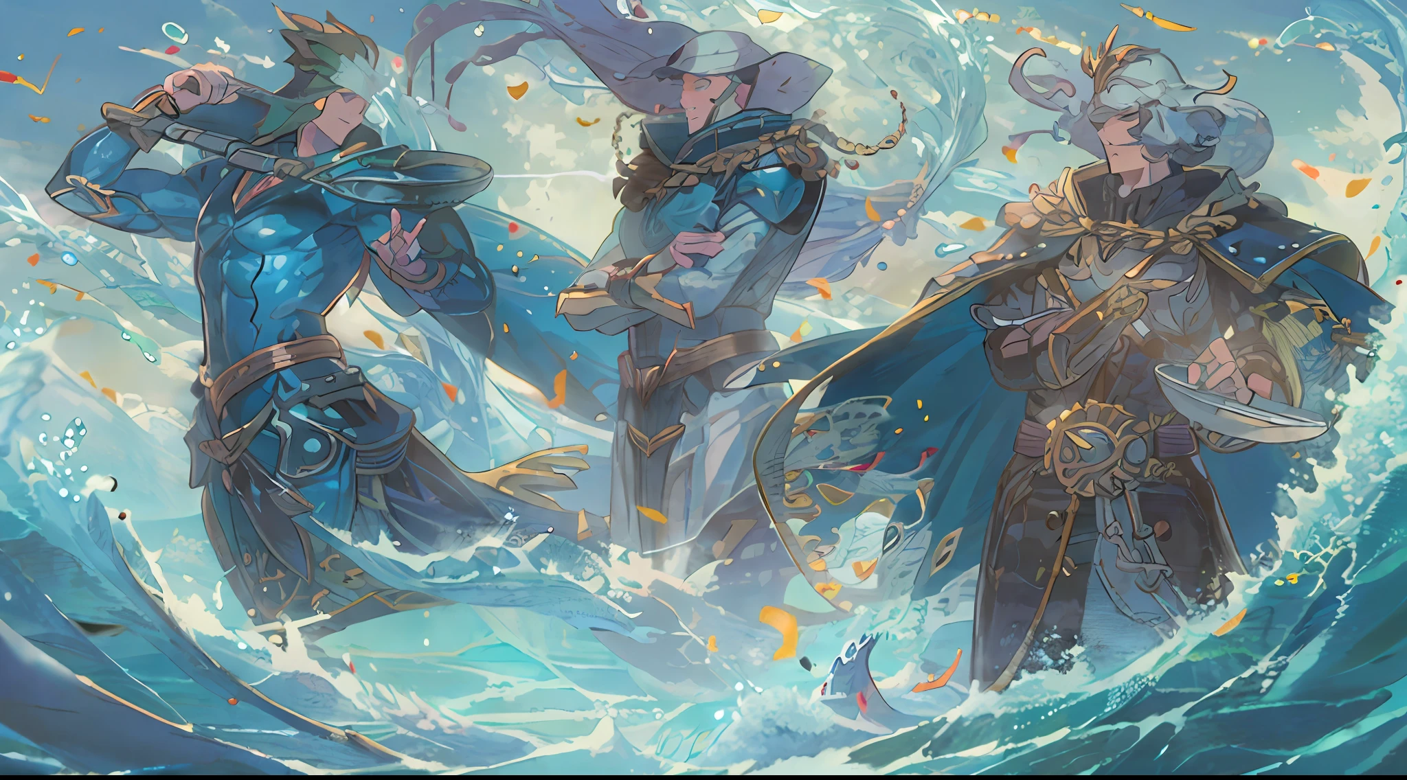 Three men wearing blue superhero costume armor，Refined persona、Just、Brave、robust、Intelligent，On an ancient steamer、the sea、Magnificent、Waves、Spectacular、mystical，