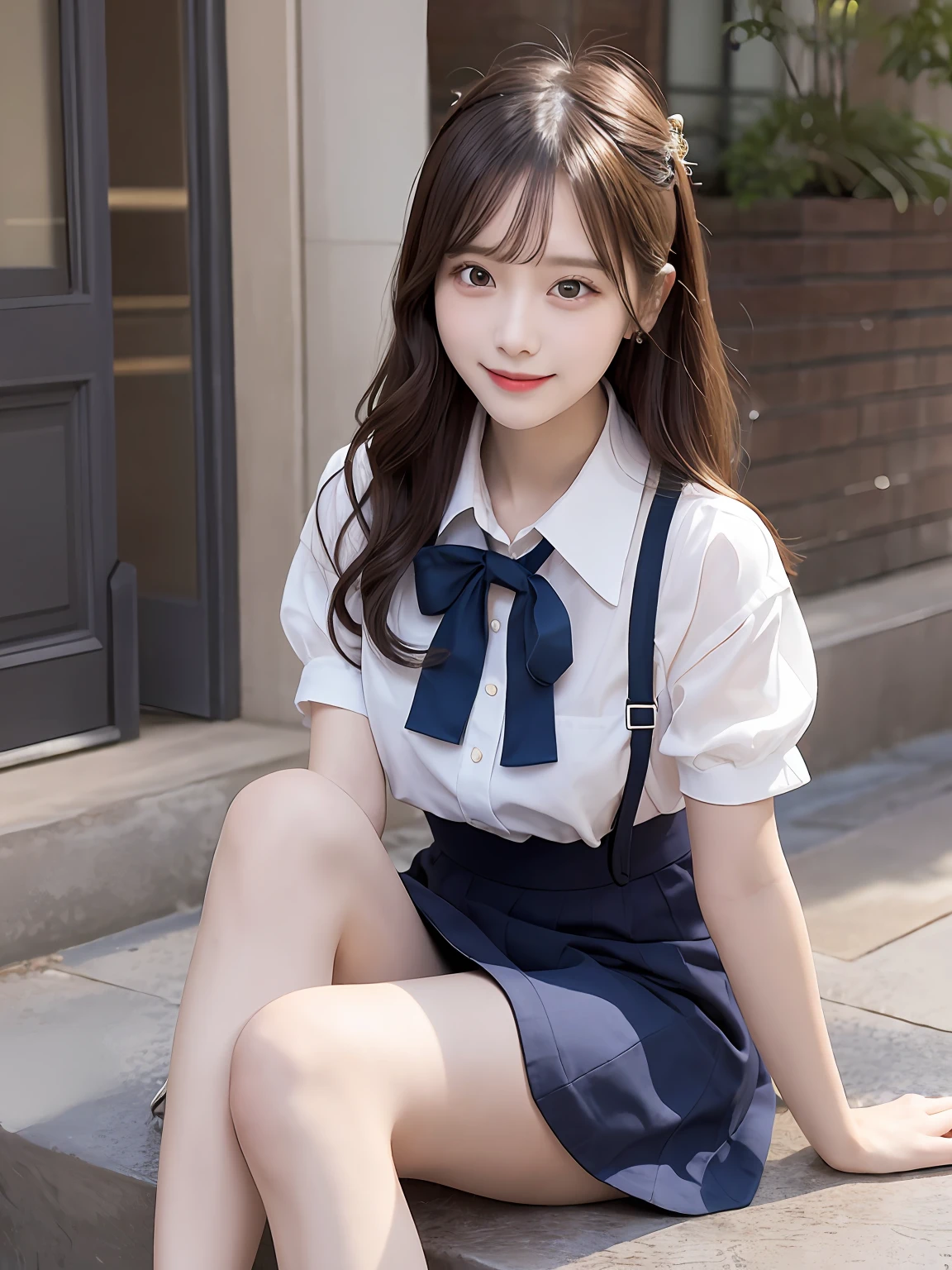 tmasterpiece,top-quality,offcial art,Highly detailed CG Unity 8K wallpapers,Like schoolgirls,very delicate beautiful,超高分辨率,(realisticlying:1.4),Golden hour lighting,(The upper part of the body),(Platinum shorthair:0.8),(puffy eye),looking at viewert,facingfront,ssmile,JK skirt,a blue dress,Shirt boosts long black hair