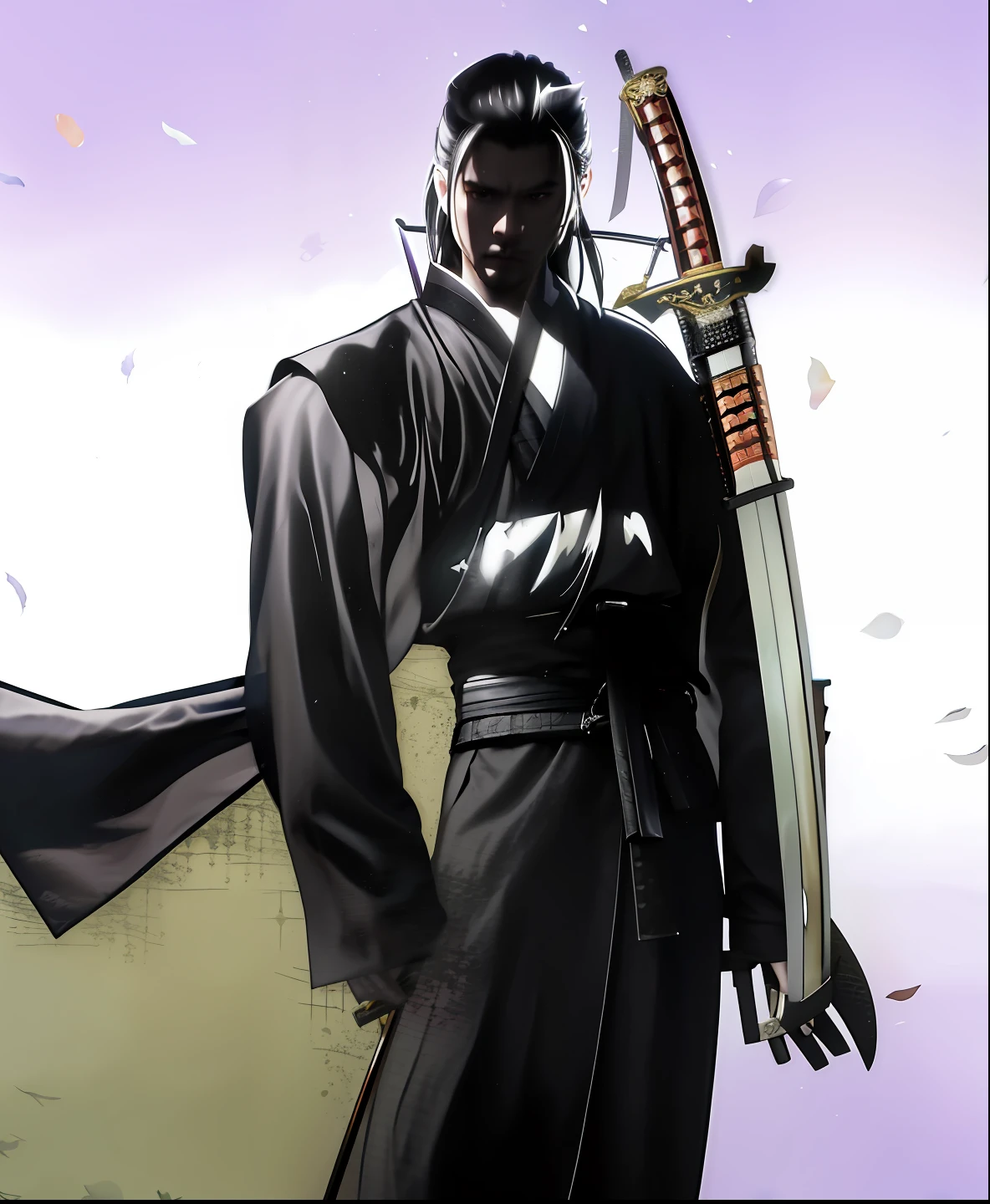 a close up of a person holding a sword in a sky, dramatic wielding katana pose, swordsman, Holding a black katana, holds a black sword, with large sword, holding samurai sword, chainsaw sword katana, Katana in hand, katana swords, wielding a katana, sword pointed at sky,  dramatic wielding sword pose