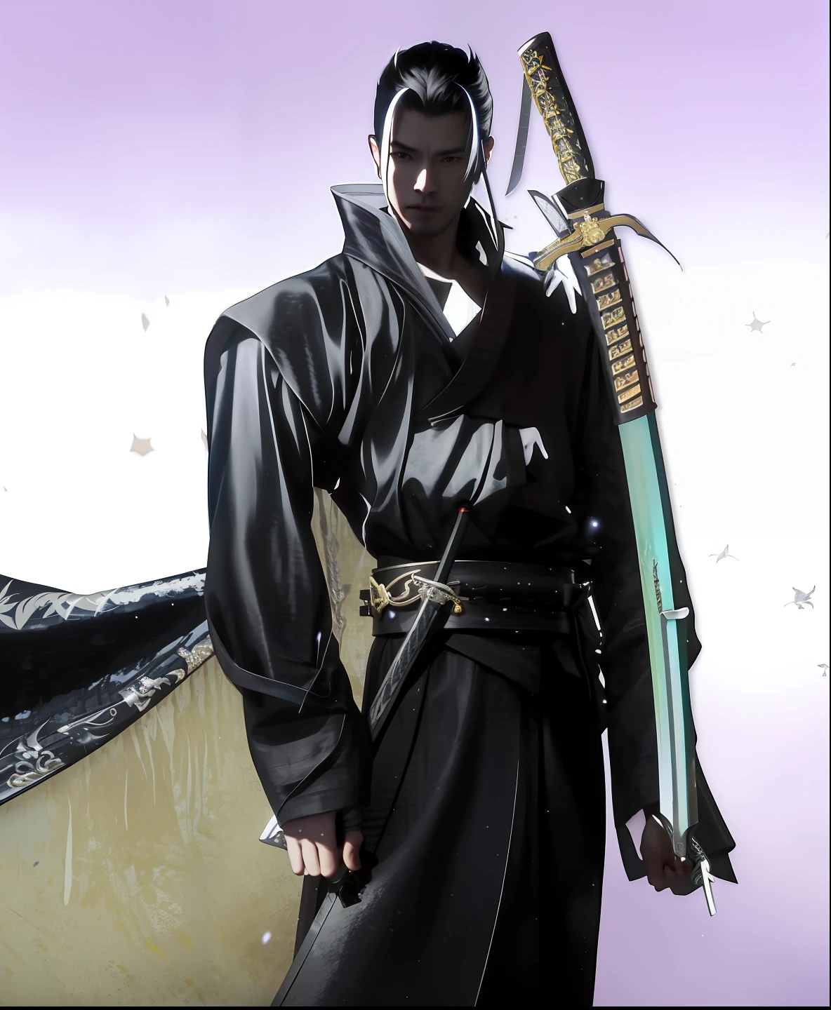 a close up of a person holding a sword in a sky, dramatic wielding katana pose, swordsman, Holding a black katana, holds a black sword, with large sword, holding samurai sword, chainsaw sword katana, Katana in hand, katana swords, wielding a katana, sword pointed at sky,  dramatic wielding sword pose