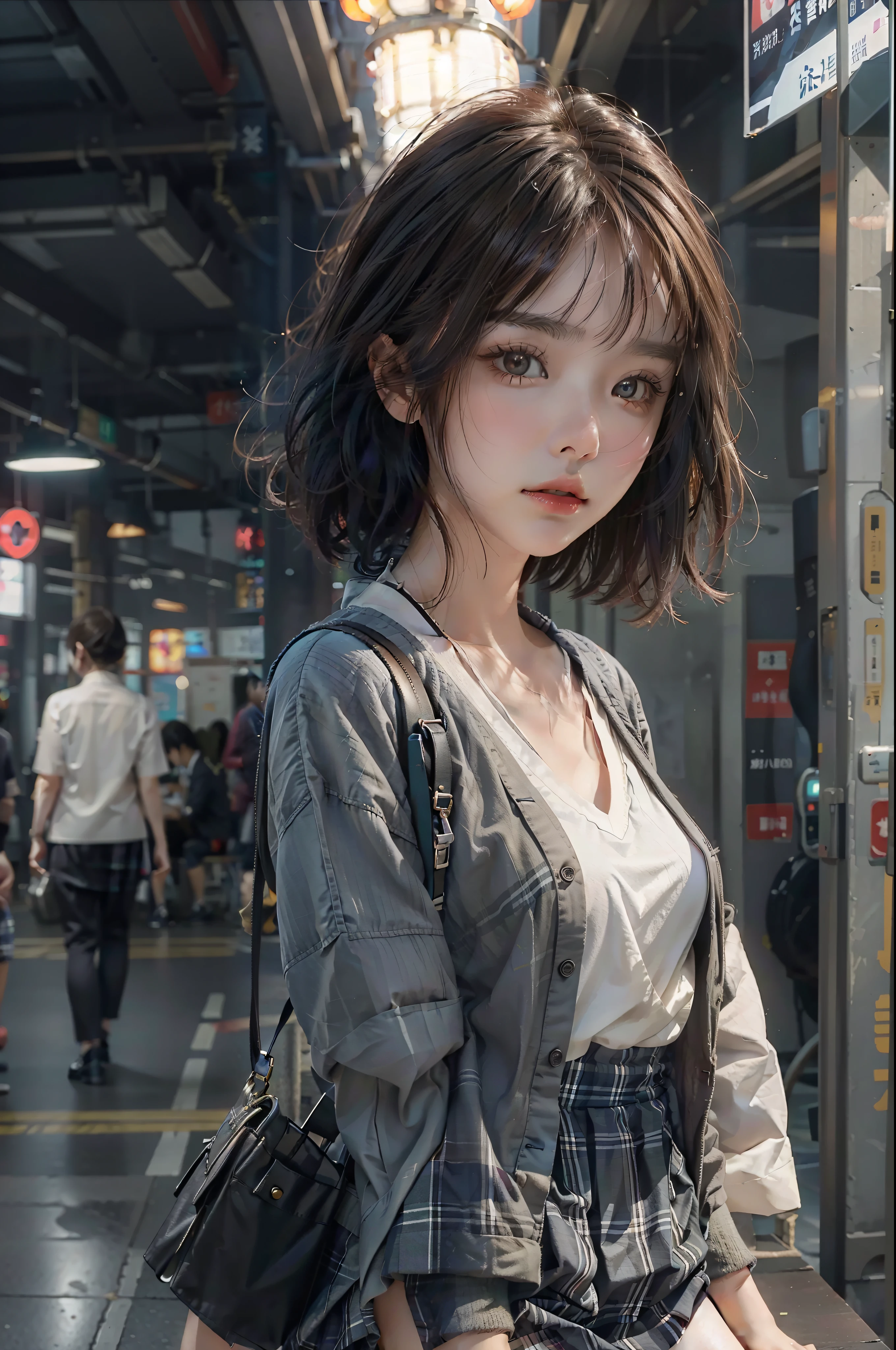 (RAW photogr:1.4)，(realisticlying:1.3)，(tmasterpiece)，Best quality at best，Highest quality，The is very detailed的 CG unified 8k 壁纸，Detailed and complex，primitive，A high resolution，\\ 1girl，独奏， 46 points oblique bangs，High-definition detail、Hyper-detailing、cinematic ligh、ultra-realistic realism,with short black hair，White skin，famousartwork，s the perfect face，beauitful face，beautidful eyes，（（Perfect female body））,looking at viewert，，((look from down，full bodyesbian))，\\high-school，pupils，校服，Sailor collar，Short socks，bookbag，a skirt，tartan，plaid skirts，knees，sitted，\\the street，subway station，Store boundaries，akihabara\(tokyo\)，Shibuya\(tokyo\)，Shinjuku\(tokyo\)，\\Beautiful and detailed background，Deep field of view，Lori huge breasts cleavage：0.1，真实感：1.3，（ambient lights：1），（neonlight：0.1），（HDR：1），（studio lit：1.5），（pantiess：1.2）