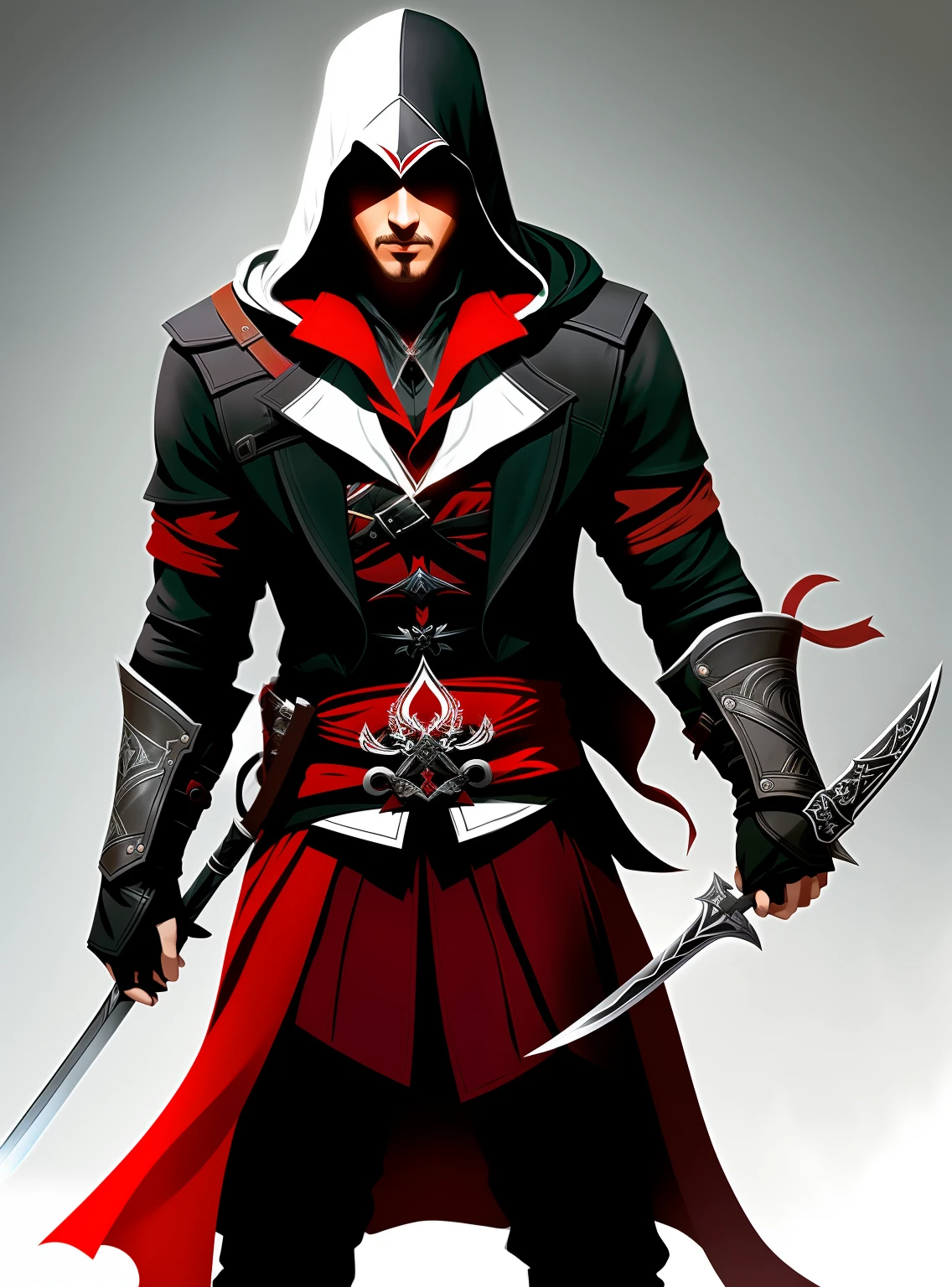 There was a man in a hooded jacket holding a sword, Assasin, assassins, assassins, assassins creed, An avant-garde young assassin, assassins creed, The omnipotent assassin, Dark black clothing, Assassin in Black, Fan art, video game characters designs, video game character art, photorealestic，black andwhite