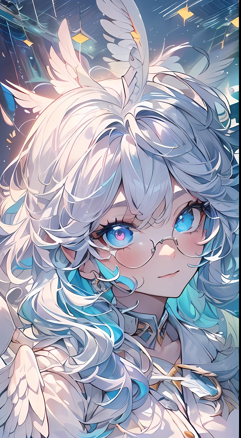 (masterpiece、top-quality、top-quality、watercolor paiting)(Curly)、Official art、Beautifully Aesthetic:1.2)、(1girl in:1.3)、(Fractal Art:1.3)、The upper part of the body、From Side、looking at the viewers、patterns、(rainbow-colored hair、colourful hair、Half blue and half light blue hair:1.2)、colourfull、((rays of sunshine))、((blue-sky))、((Sunnyday))、a closeup、big eye、The eye、intricate eyes、Unique pupils、Unusual pupils、starrysky、glowing halo、((Ultra-detailed retina:1.5))、embarrassed from、(Midriff)、((Super Detail Eyes:1.5))、((the Extremely Detailed CG Unity 8K Wallpapers、masterpiece、top-quality))、((ultra-detailliert:1.2))、(The best lighting、Best Shadows、extremely delicate and beautiful)、(the Extremely Detailed CG Unity 8K Wallpapers、masterpiece、best qualtiy、ultra-detailliert)、(The best lighting、Best Shadows、extremely delicate and beautiful)、(the perfect body:1.5)、(large white wings on the back:2)、((High School Uniforms:1.5)),((eye glass))