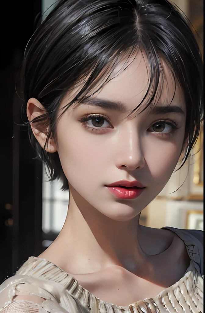 (masterpiece:1.3), (8k, photorealistic, RAW photo, best quality: 1.4), (1girl), beautiful face, (realistic face), (black hair, short hair:1.3), beautiful hairstyle, realistic eyes, beautiful detailed eyes, (realistic skin), beautiful skin, (sweater), absurdres, attractive, ultra high res, ultra realistic, highly detailed, golden ratio