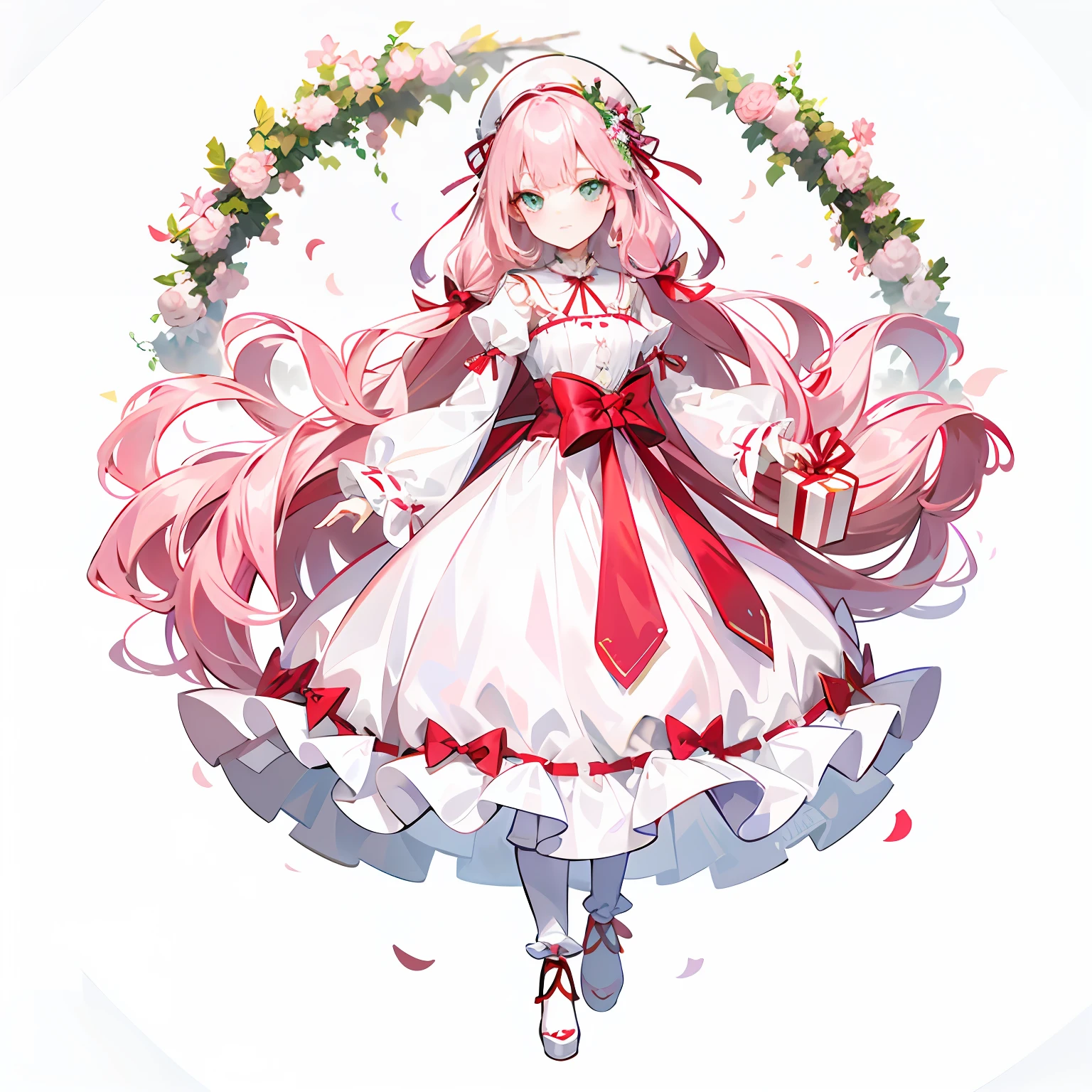 1girll，独奏，solo person，（Delicate eyes and beautiful face），（Delicate hair），（Full body standing painting）（Long extra-long pink hair），（Green eyes），（flatchest），White Lolita，((([White background 1：：5])))，(((Little loli doll)))，((Many gift boxes))，(Red ribbon bow🎀)，Packaged in a gift box，(Lori kneels)，Gift box in hand