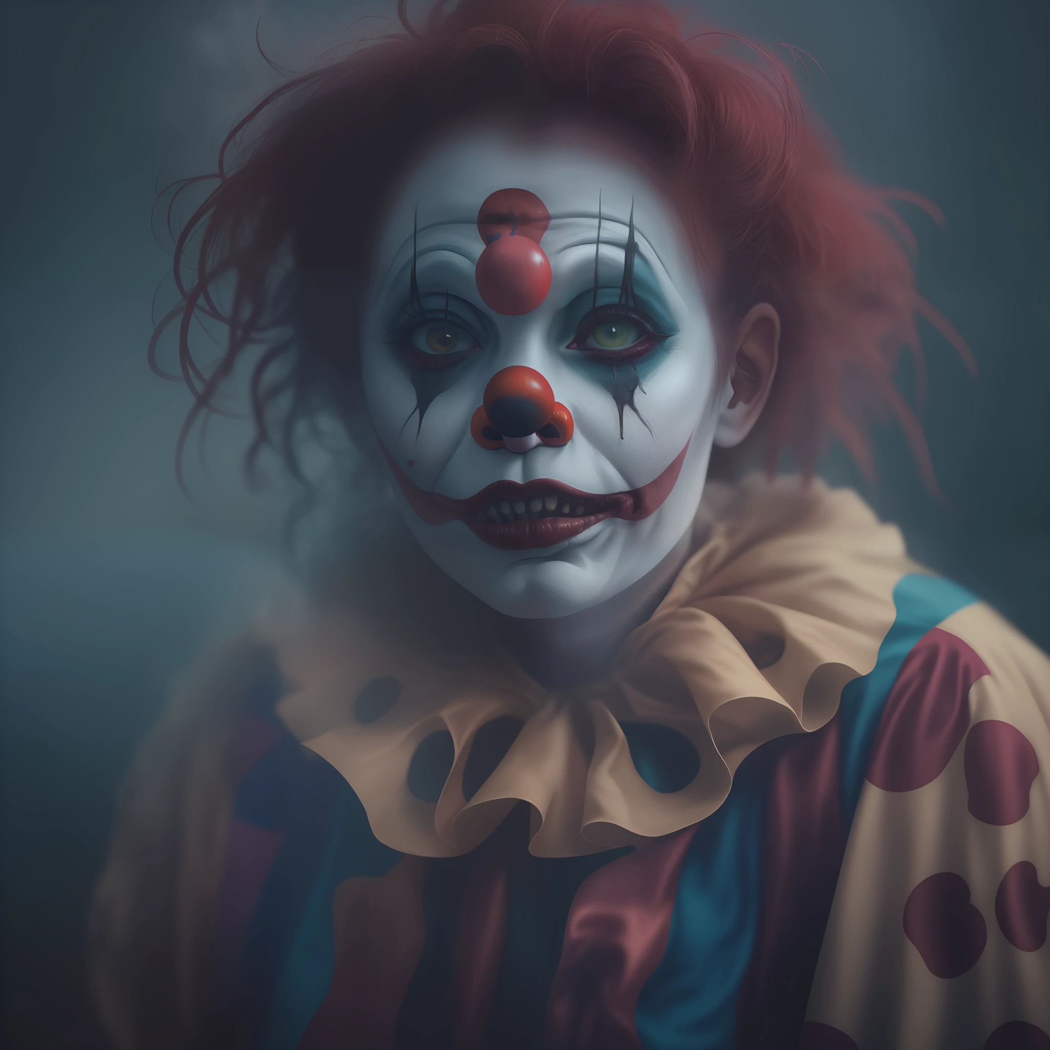 ((creepy female clown)), cinematic lighting, very high detailed, foggy background, shot on Fujifilm Superia 400, Short Light, 32k, cinematic composition, professional color grading, film grain, atmosphere, wondrous, very stormy
