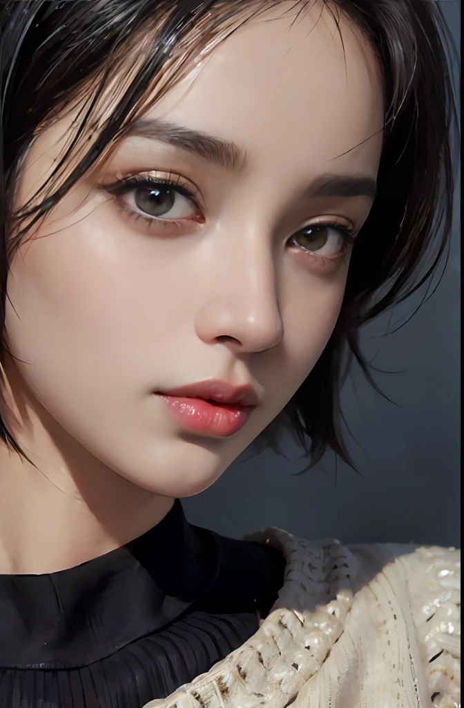 (masterpiece:1.3), (8k, photorealistic, RAW photo, best quality: 1.4), (1girl), beautiful face, (realistic face), (black hair, short hair:1.3), beautiful hairstyle, realistic eyes, beautiful detailed eyes, (realistic skin), beautiful skin, (sweater), absurdres, attractive, ultra high res, ultra realistic, highly detailed, golden ratio
