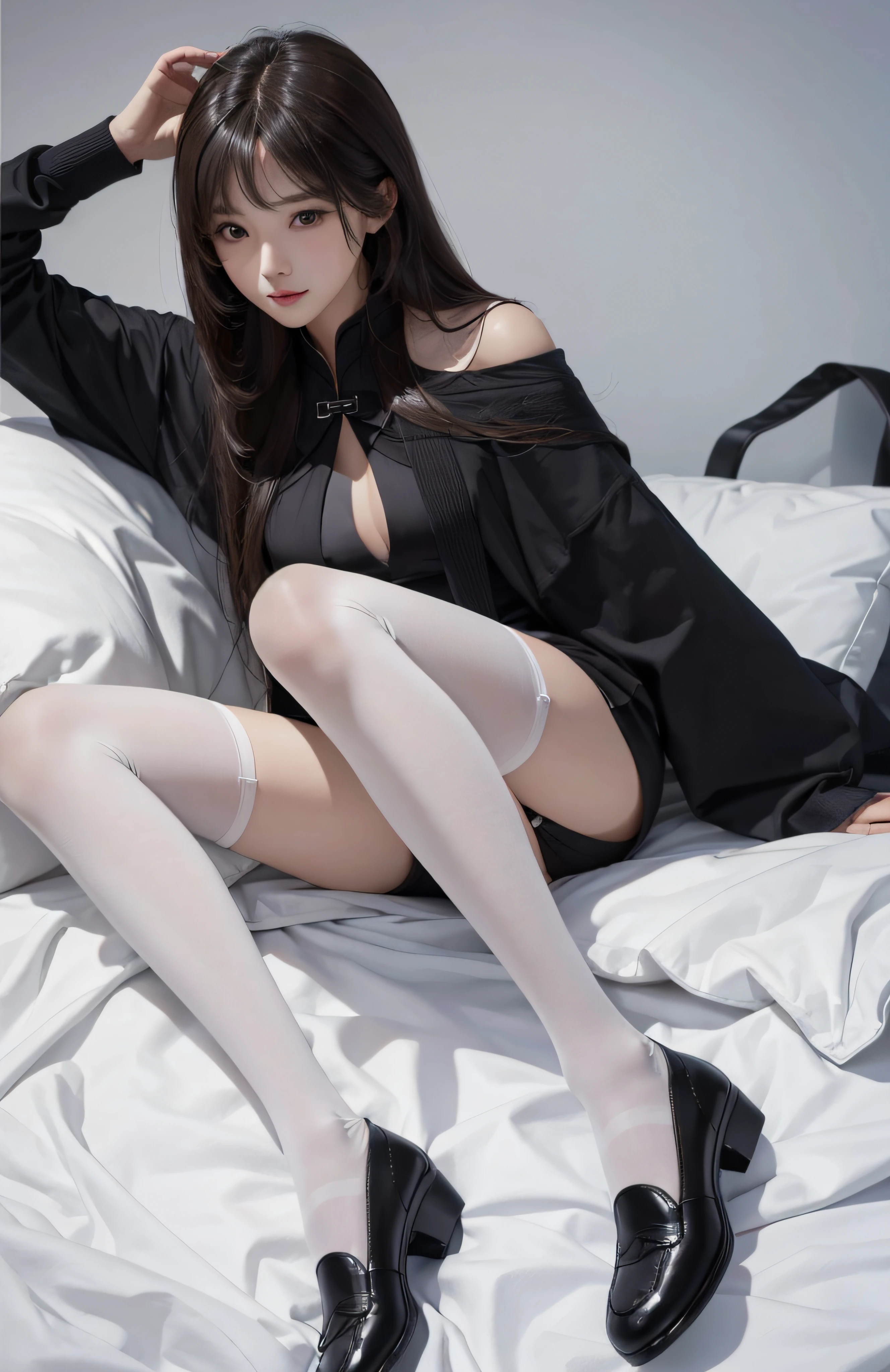 (Hyper-realistic) , (illustratio), (Increase the resolution), (8K), (extremely detaile), (Most Best Illustration), (美丽细致的眼睛), (best qualtiy), (ultra - detailed), (tmasterpiece), ( the wallpaper), (详细的脸), 独奏,1个Giant Breast Girl, looking at viewert, exquisite detailing, 详细的脸, in the darkness nigth, deep shading, low tune,pureerosfaceace_V1, ssmile,long whitr hair,Black shawl straight hair,46 points oblique bangs、Fair and flawless long legs、High quality small leather shoes、White ice tube stockings(ultra - detailed)
