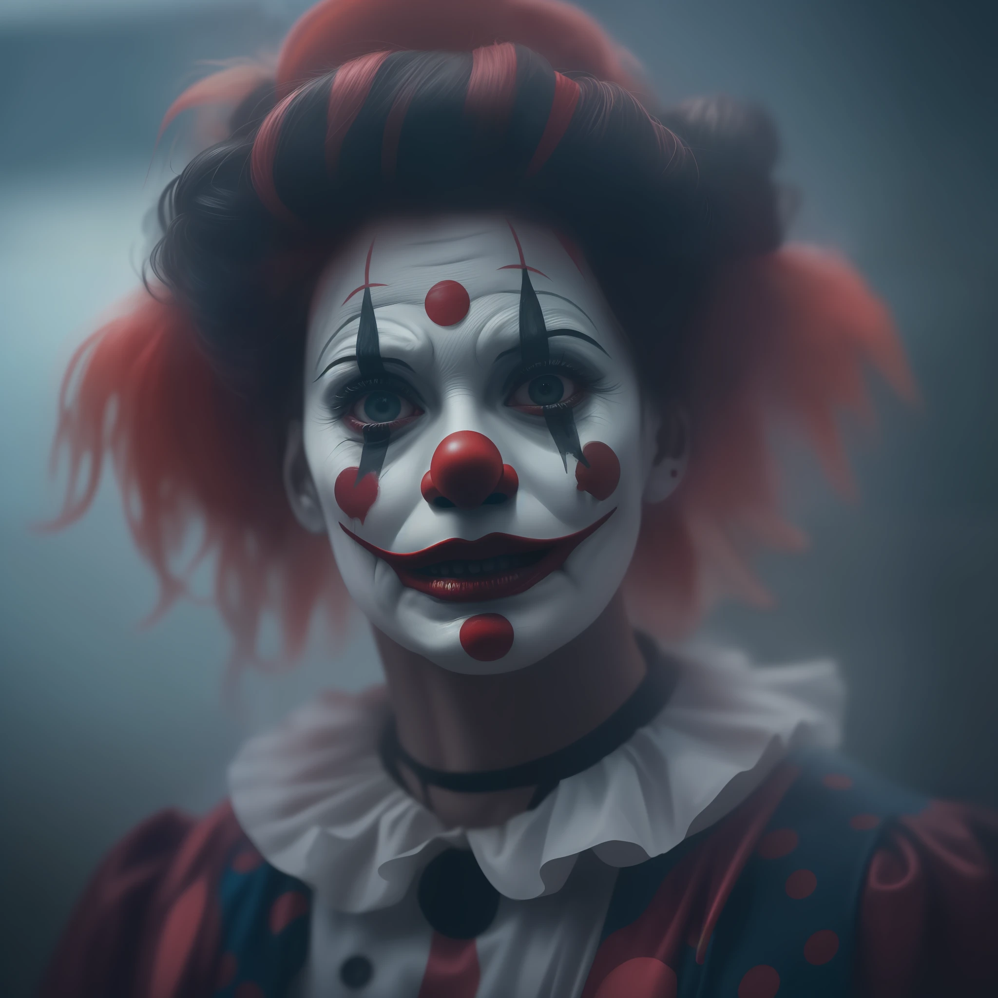 ((creepy female clown)), cinematic lighting, very high detailed, foggy background, shot on Fujifilm Superia 400, Short Light, 32k, cinematic composition, professional color grading, film grain, atmosphere, wondrous, very stormy