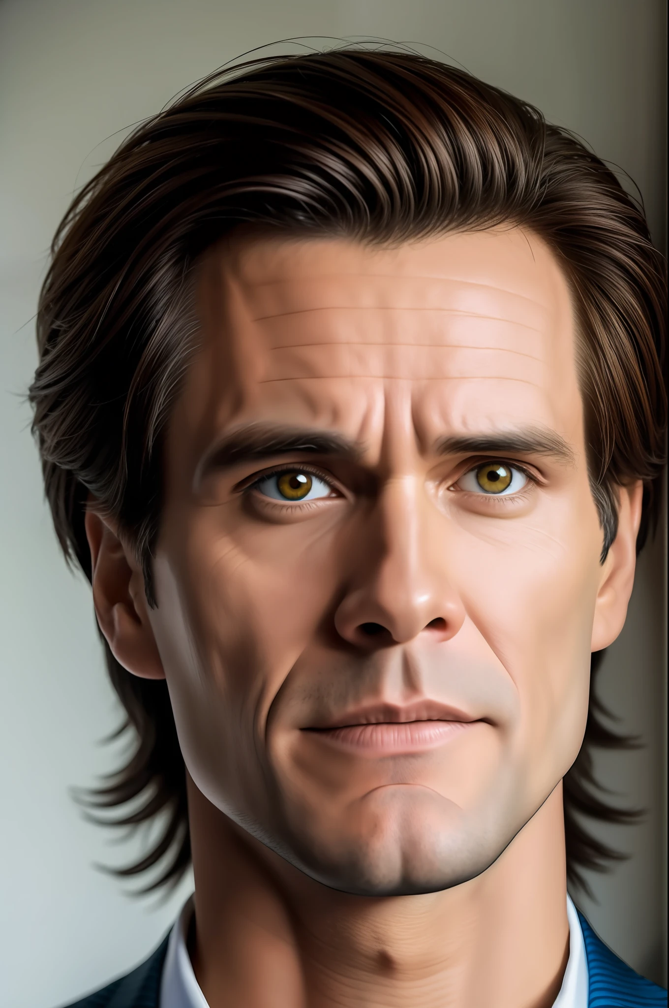 Homem, jovem, moreno, magro, cabelos curtos, retrato de Jim Carrey, vestindo terno, The Maskara, detalhes intrincados, fotografia profissional
